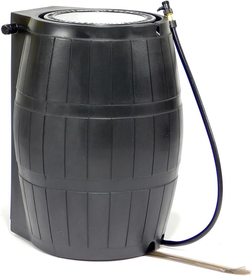 FCMP Outdoor Rain Barrel, Flat-Back Rainwater Catcher with Spigots, 50 Gallon, Black – Portable Water Storage Container Tank for Home, Garden, and Backyard