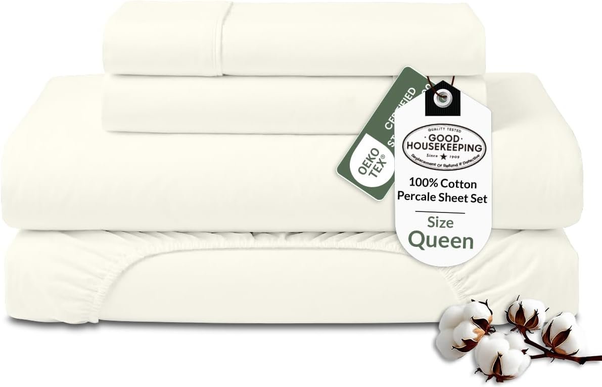 ROYALE LINENS 100% Organic Cotton Queen Sheet Set – Percale Weave – 4 Pieces Set – 1 Flat, 1 Deep Pocket Fitted Sheet and 2 Pillowcases – Ivory Bed Sheets – Sábanas Queen – Crisp Cool (Ivory)