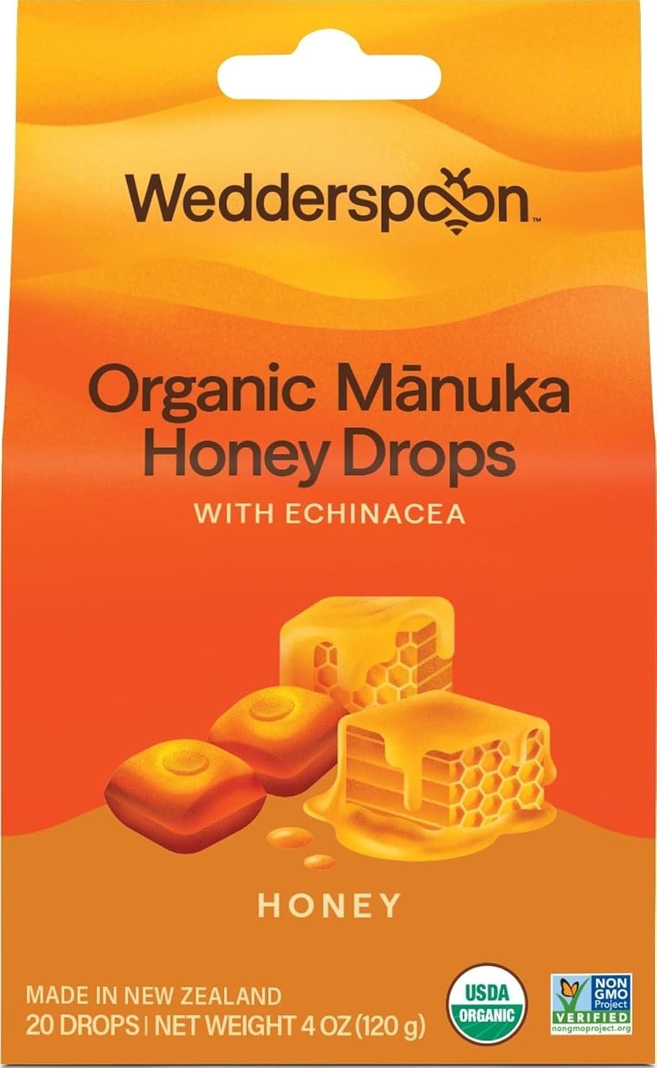 Wedderspoon Organic Manuka Honey Drops, Honey & Echinacea, 20 Count