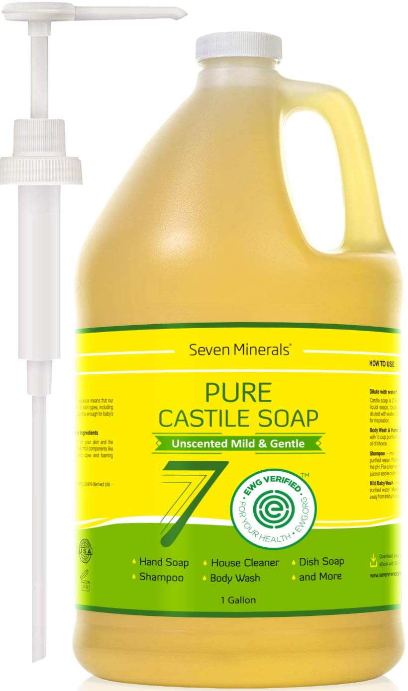 Seven Minerals EWG Verified Castile Soap – 1 Gallon, No Palm Oil, Unscented Mild & Gentle Skin Cleaning, For Sensitive Skin, Baby Wash, Soothing, Non GMO & Vegan Formula with Organic Carrier Oils
