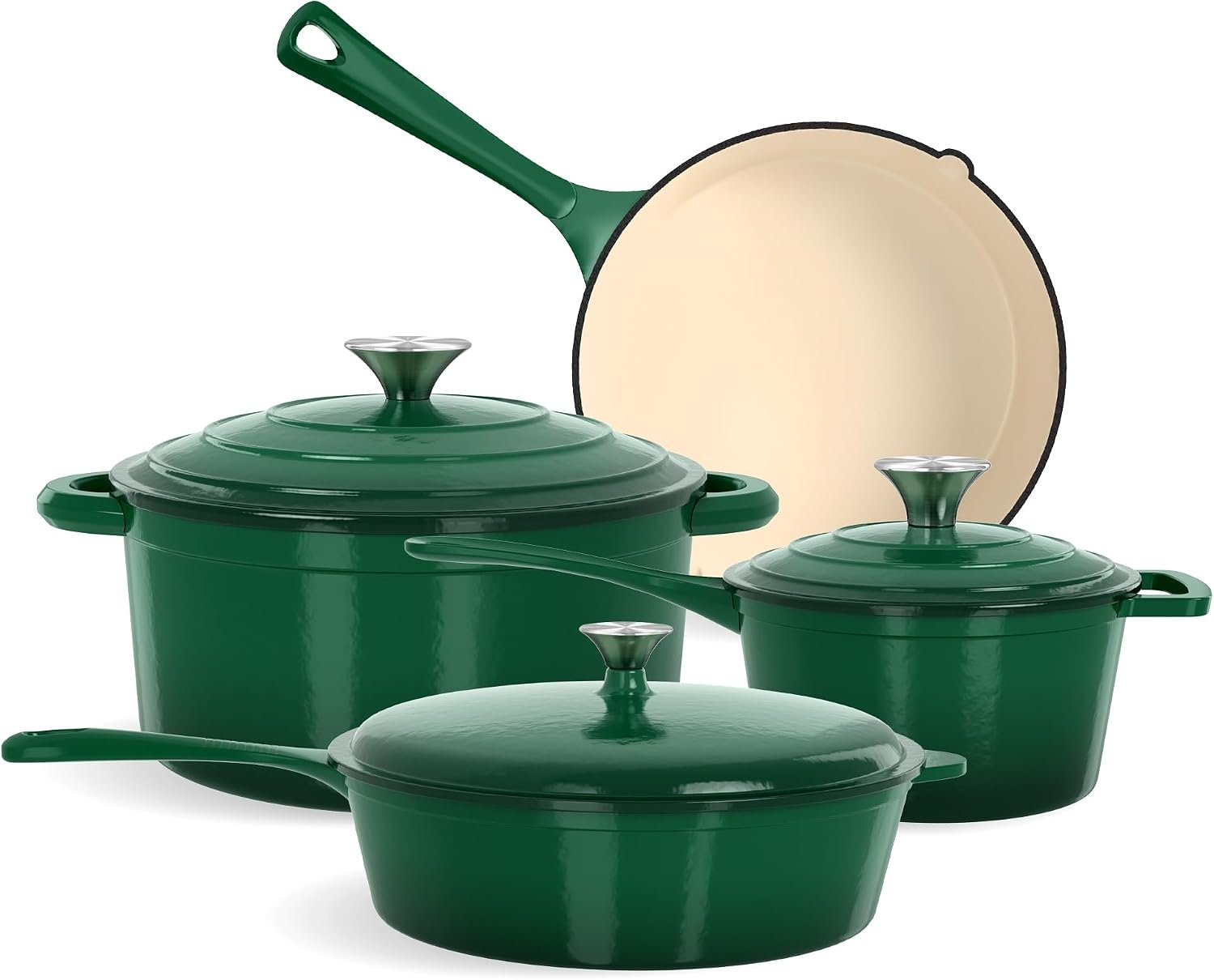 Kitchen Academy 7Pcs Enameled Cast Iron Cookware Sets, Emerd