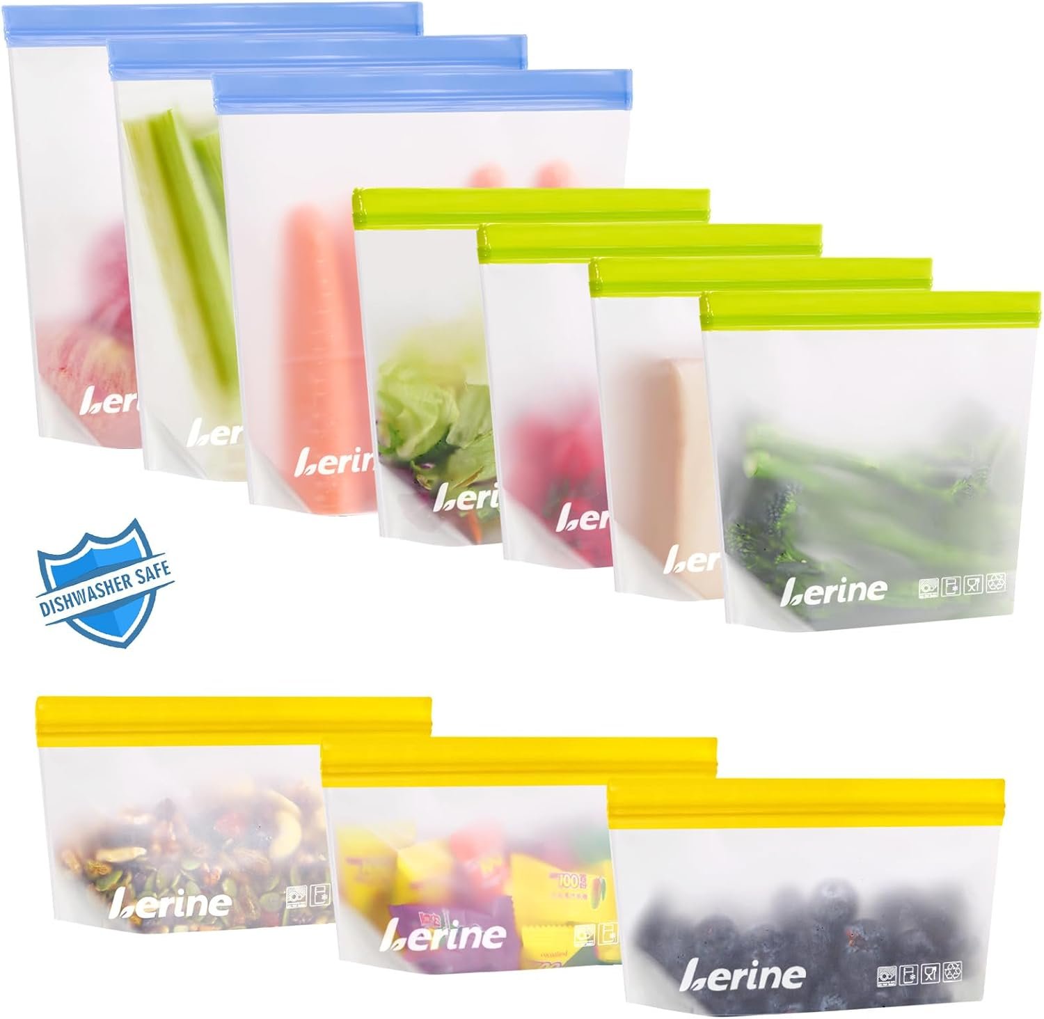 Lerine Stand Up Reusable Freezer Bags Dishwasher Safe, 10 Pack, Muliticolor