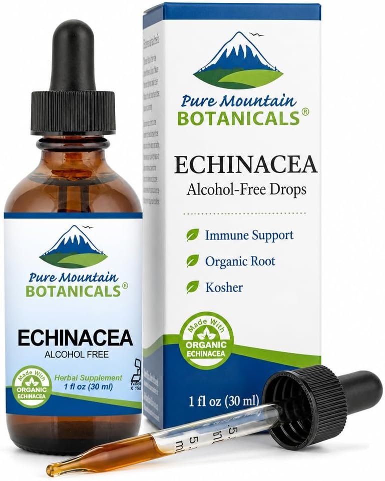 Pure Mountain Botanicals Echinacea Drops – Liquid Extract – Alcohol Free – Organic Echinacea Angustifolia Root – 500mg – Immune Support Herbal Supplement – Kosher – 1 oz