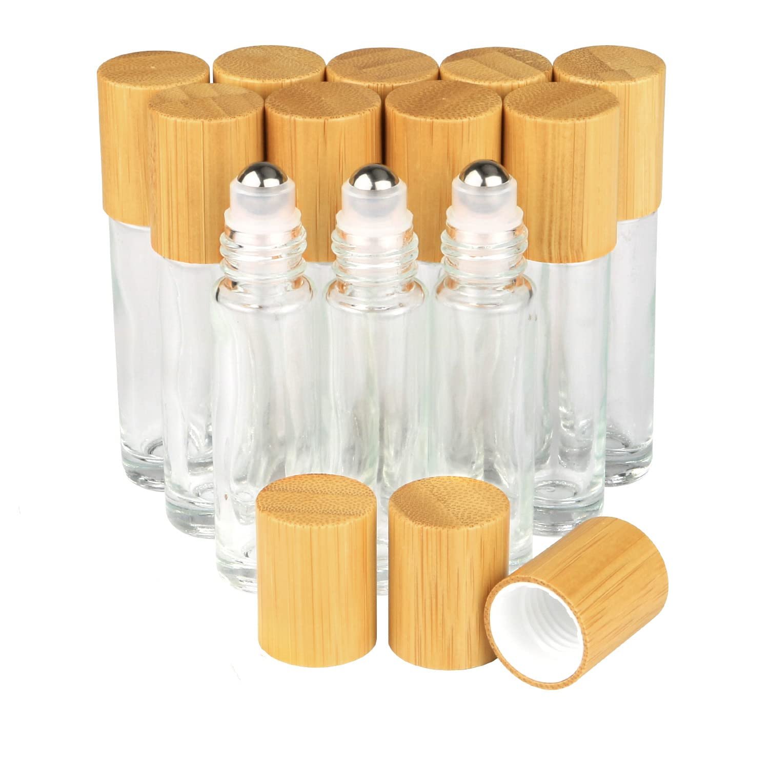 Clear Refillable Glass Empty Roll on Bottles Roller Bottle,10ml Bamboo Roll On Bottle For Essential Oils Perfume Sample Bottles With Stainless Steel Roller Ball &Bamboo Cap,12pcs