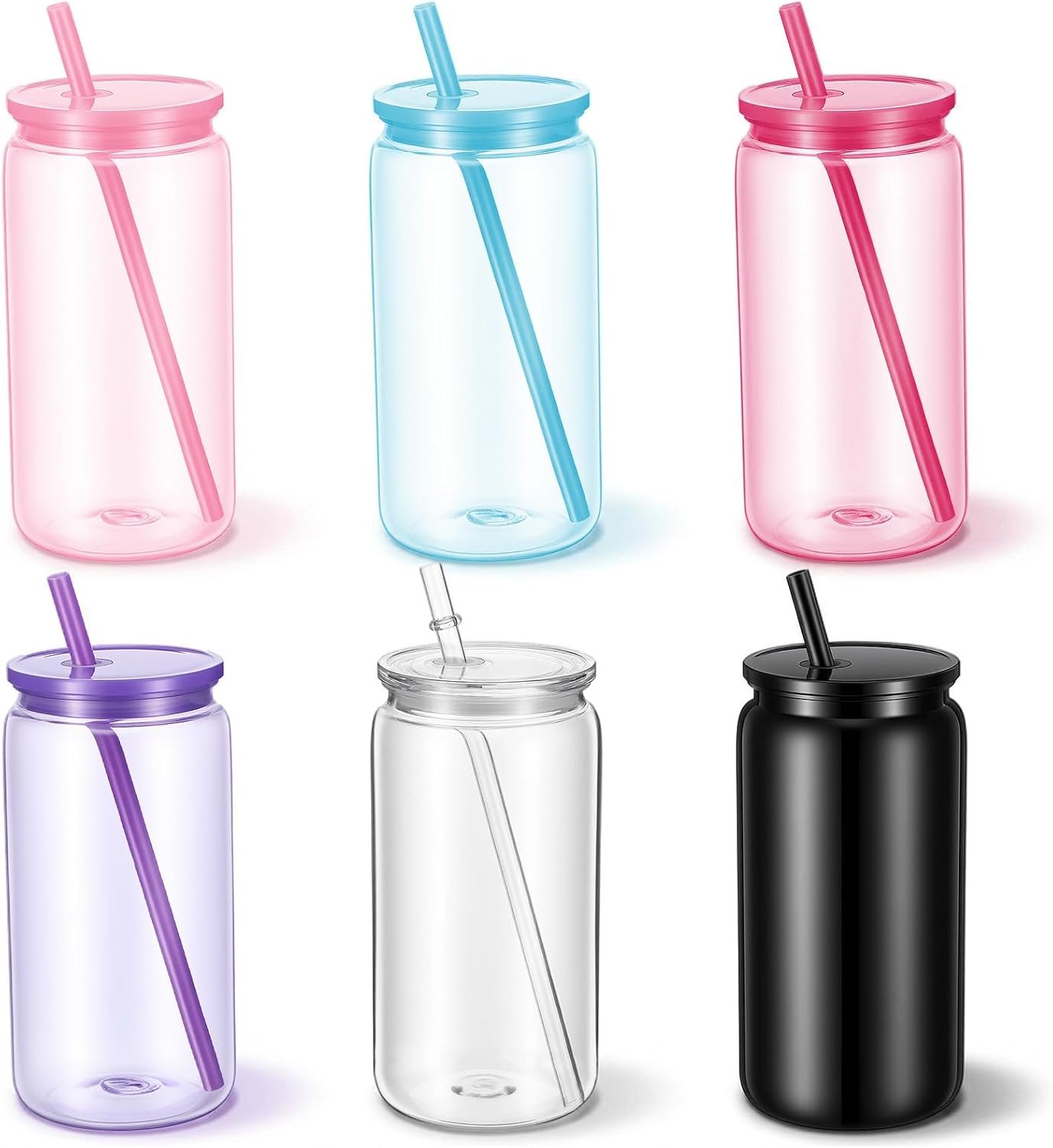 6Pack Plastic Mason Jars 16oz Acrylic Cups with Lids & Straws, Shatterproof Unbreakable Tumblers for Iced Coffee Beer, BPA-Free PC Material, 5.8×2.8in, Assorted Colors