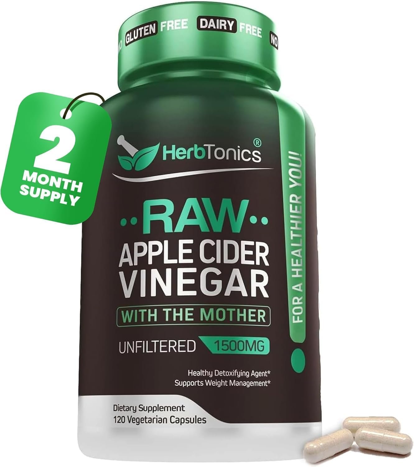 Herbtonics Raw Apple Cider Vinegar Capsules 1500mg with Mother | Weight Management, Detox & Digestion Formula with GLP-1 Support | Unfiltered ACV for Metabolic Support | 120 Vegan Capsules