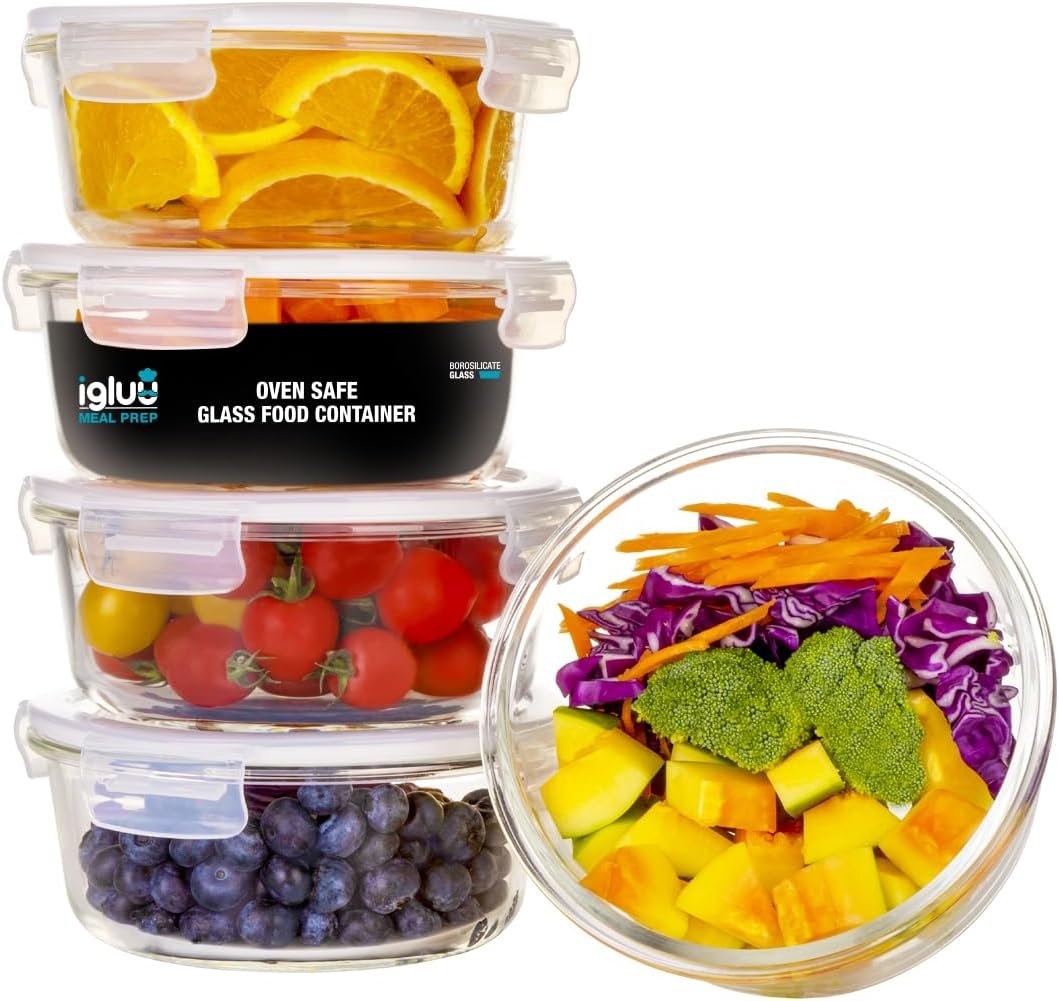 Igluu Meal Prep Round Glass Containers with Air Vent Lids (5 Pack) – 32oz