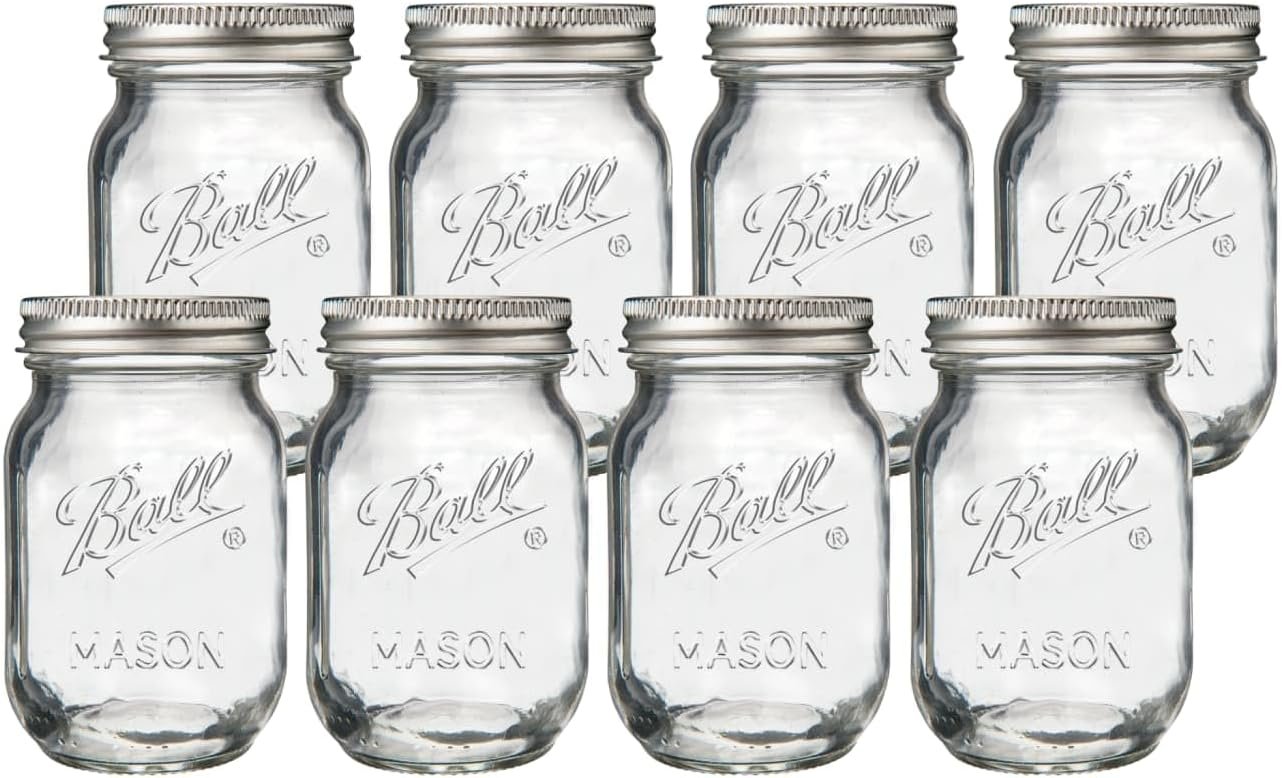 Ball Regular Mouth Pint 16oz. Glass Mason Jar with Lids and Bands, 8 Count