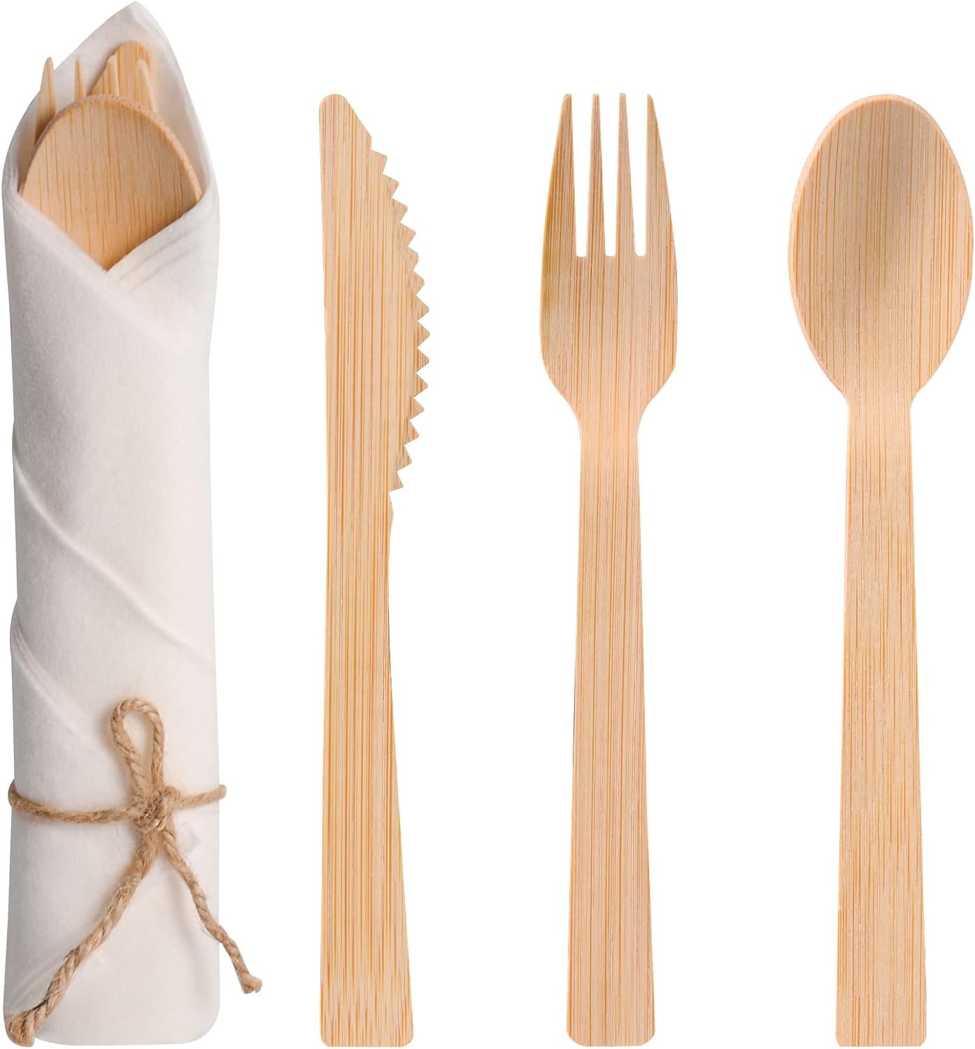 Pre Rolled Napkin and Bamboo Cutlery Set – 50Pack Bamboo Utensils/Compostable Cutlery(50 Forks, 50 Knives, 50 Spoons, 50 Napkins), Biodegradable Wrapped Cutlery for Party, Wedding, Events