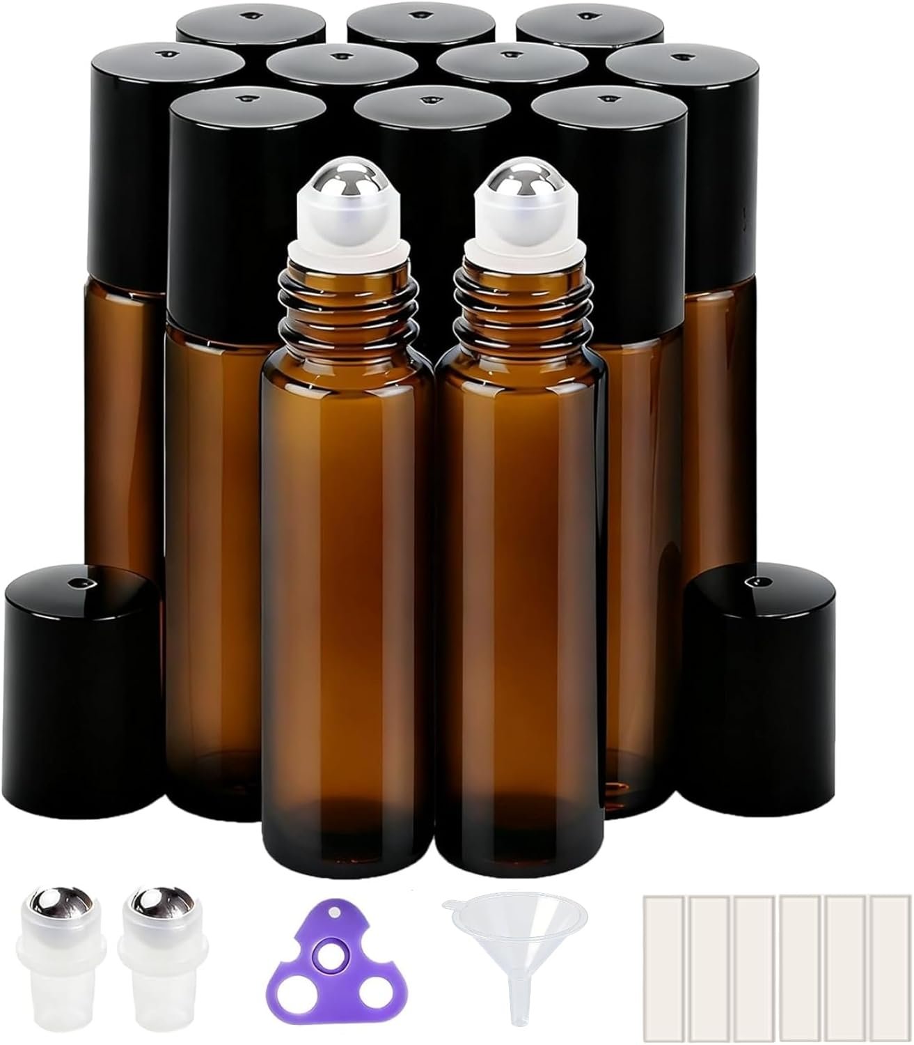 PrettyCare 12-Pack Amber Glass Roller Bottles for Essential Oil with Stainless Steel Roller Ball – 10 ml Refillable Leak-proof Empty Roll on Bottles with Caps for Perfume, DIY, Beauty & Personal Care