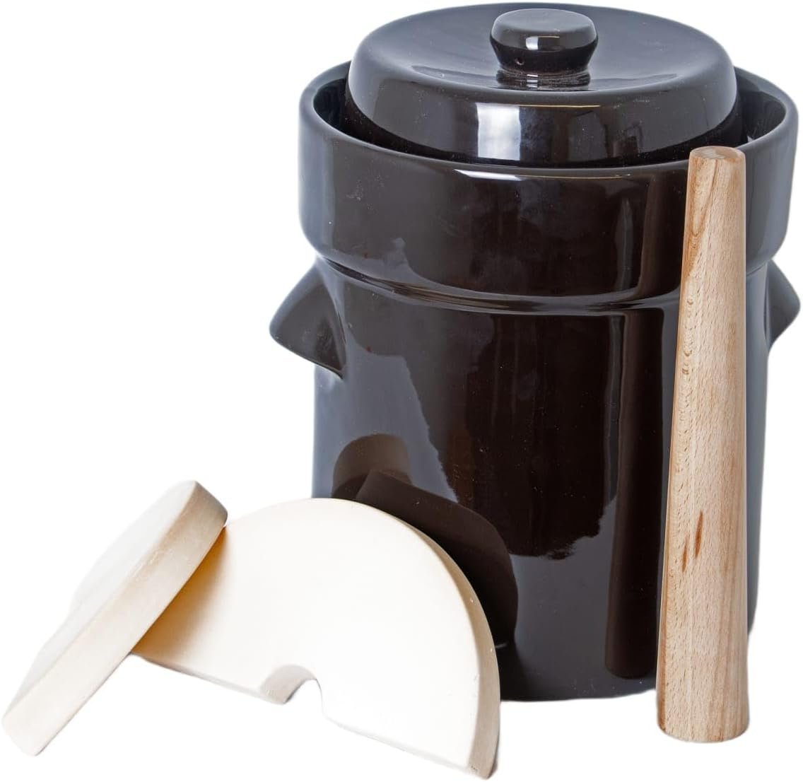 Lehman’s European Style Fermentation Crock Set with Wooden Stomper and Fitted Weights, Set to Preserve Sauerkraut Pickles Kimchi and More