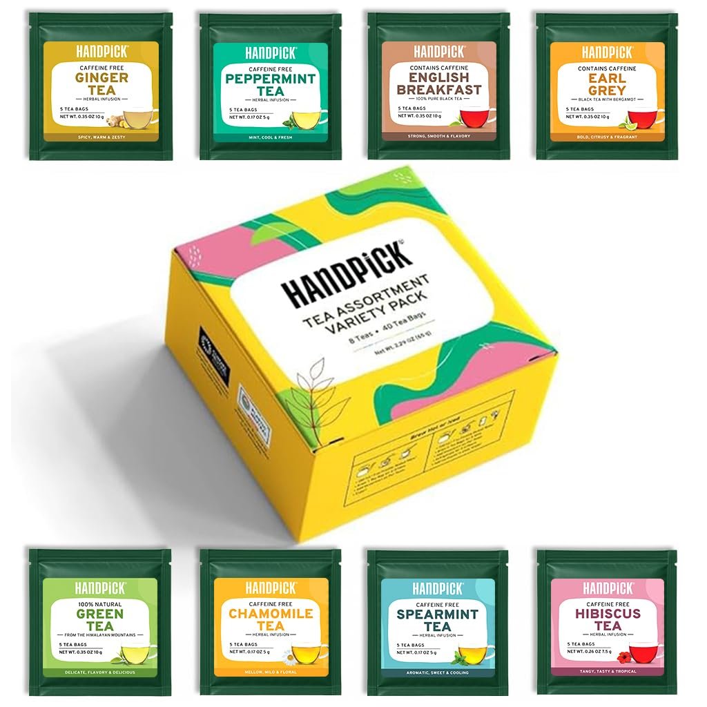 HANDPICK, Tea Bags Sampler Assortment Variety pack Gift Box 8 Flavors, 40 Tea Bags – Perfect Variety | English Breakfast, Green, Black, Herbal & More | Gifts for Him/Her