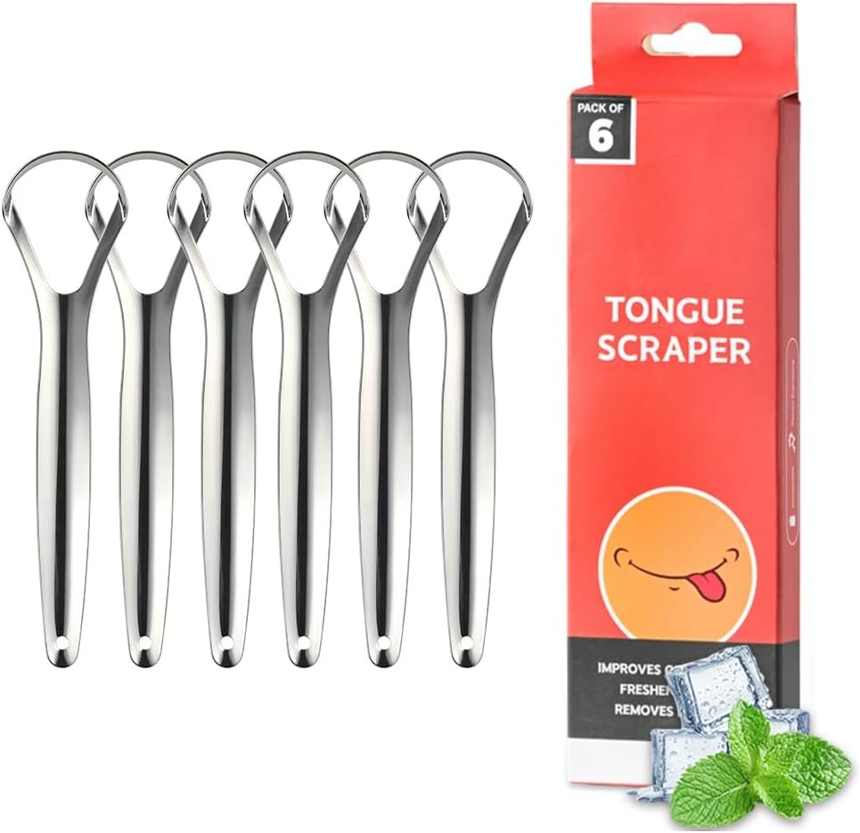 VIWIK 6 Pack Tongue Scraper for Adults, 100% Stainless Steel Tongue Cleaner – Hygienic Oral Care Tools, Bad Breath Remover Tongue Brusher