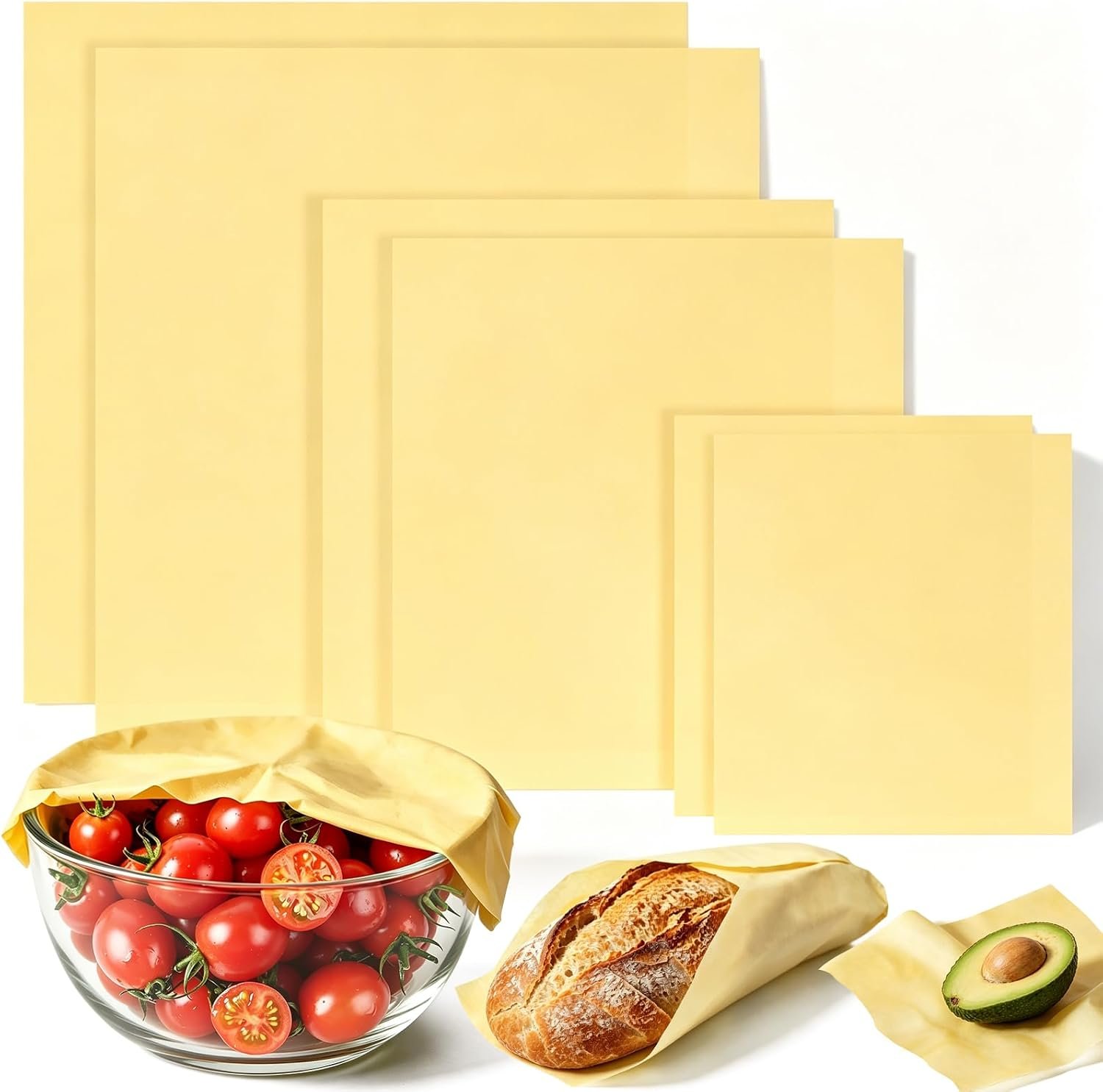 Unprinted Beeswax Wraps – Undyed, Unbleached, Reusable Food Wraps for Bread, Sandwich, Cheese & Bowls – Zero Waste Alternative to Plastic Wrap – Natural Cotton, 3 Sizes & XL (6-Piece Set (2S,2M,2L))