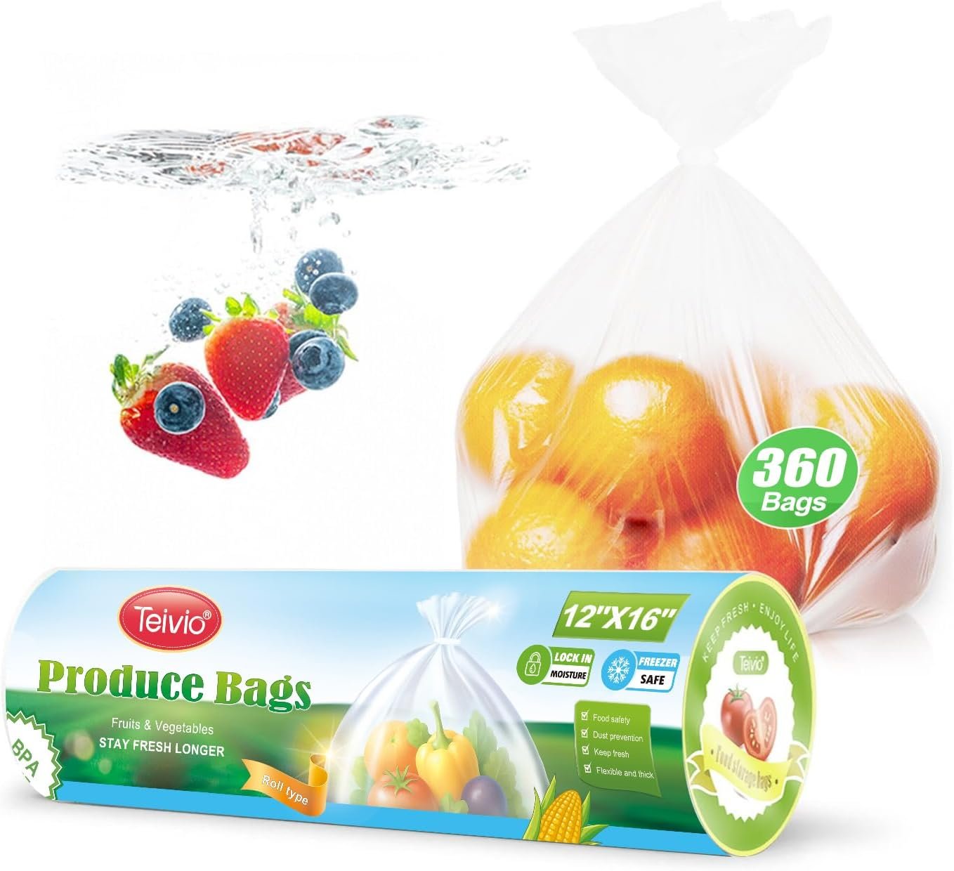 Teivio 360 Count 12″ x 16″ Plastic Produce Bags on A Roll, Clear Kitchen Disposable Plastic Food Storage Bags for Bread Fruit Vegetable and Meat