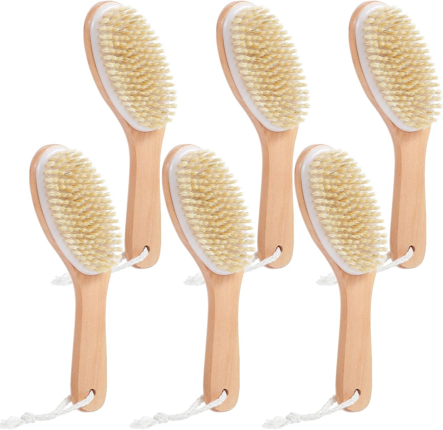 6 Pcs Dry Brush for Body, Natural Bristle Dry Exfoliating Body Brush with Contoured Wooden Handle, Dry Brushing Body Brush for Back Legs Feet Exfoliates Dead Skin