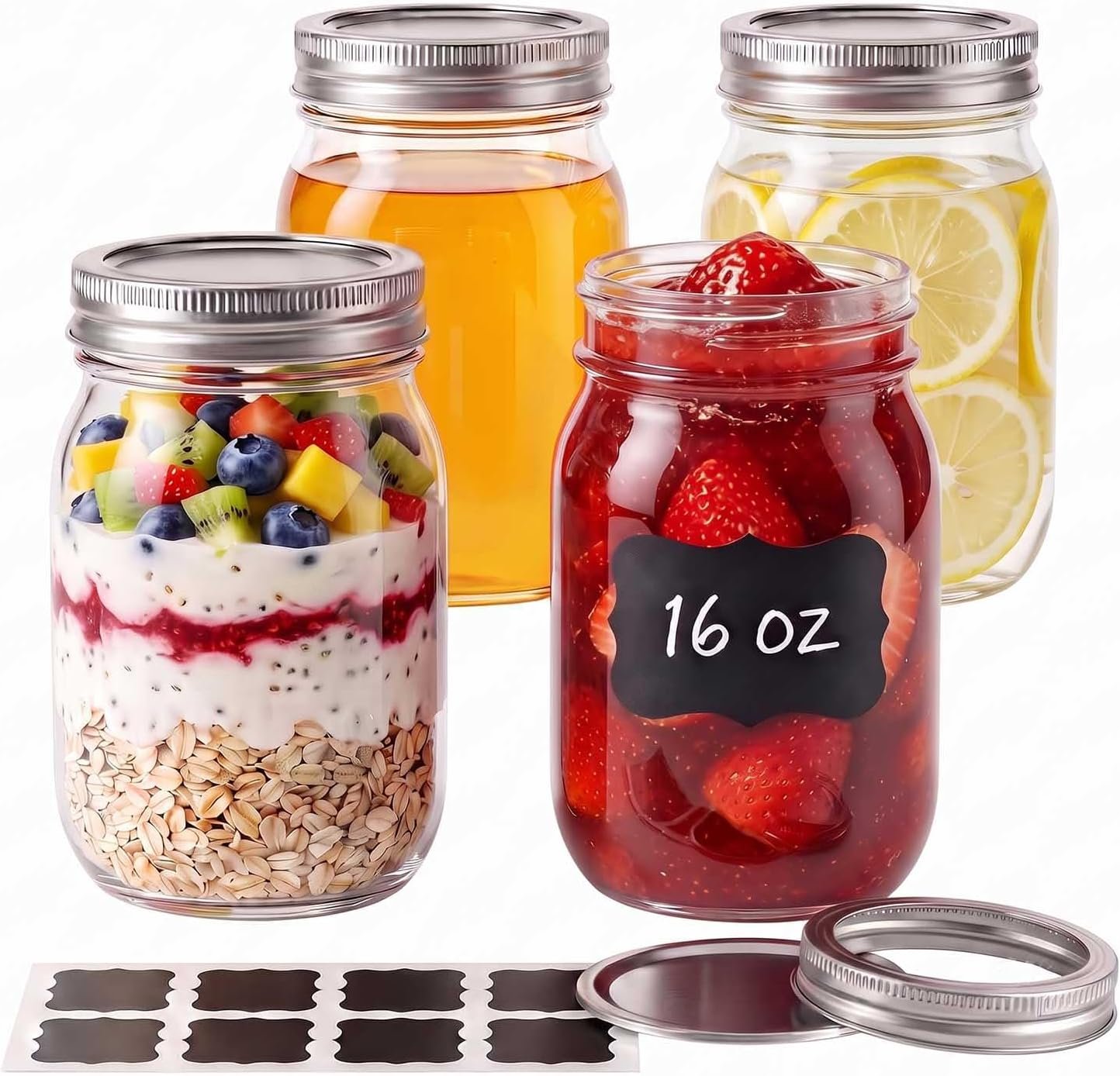 Mason Jars 16 oz with Lids, 4 Pack Clear Glass Jars for Meal Prep & Storage