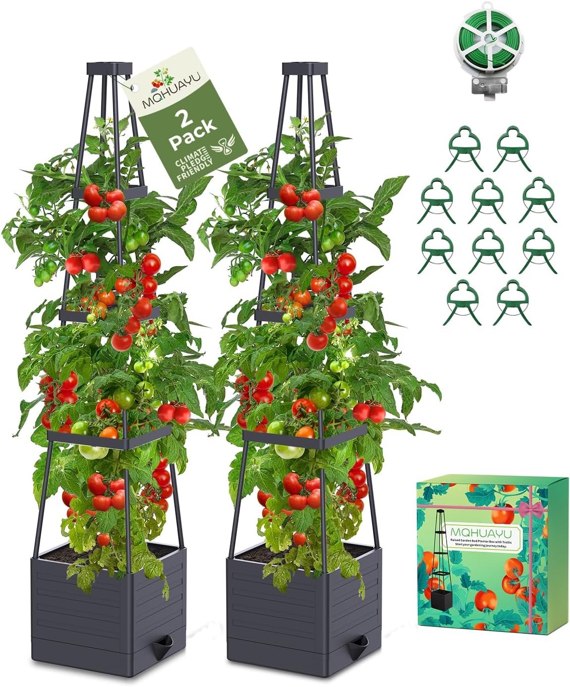 2-Pack Tomato Planter with Trellis, 57″ Self-Watering Raised Garden Bed Planter Box, Tomato Cages for Indoor & Outdoor Climbing Plants, Vines, Vegetables, and Flowers (57×9.8×9.8IN)