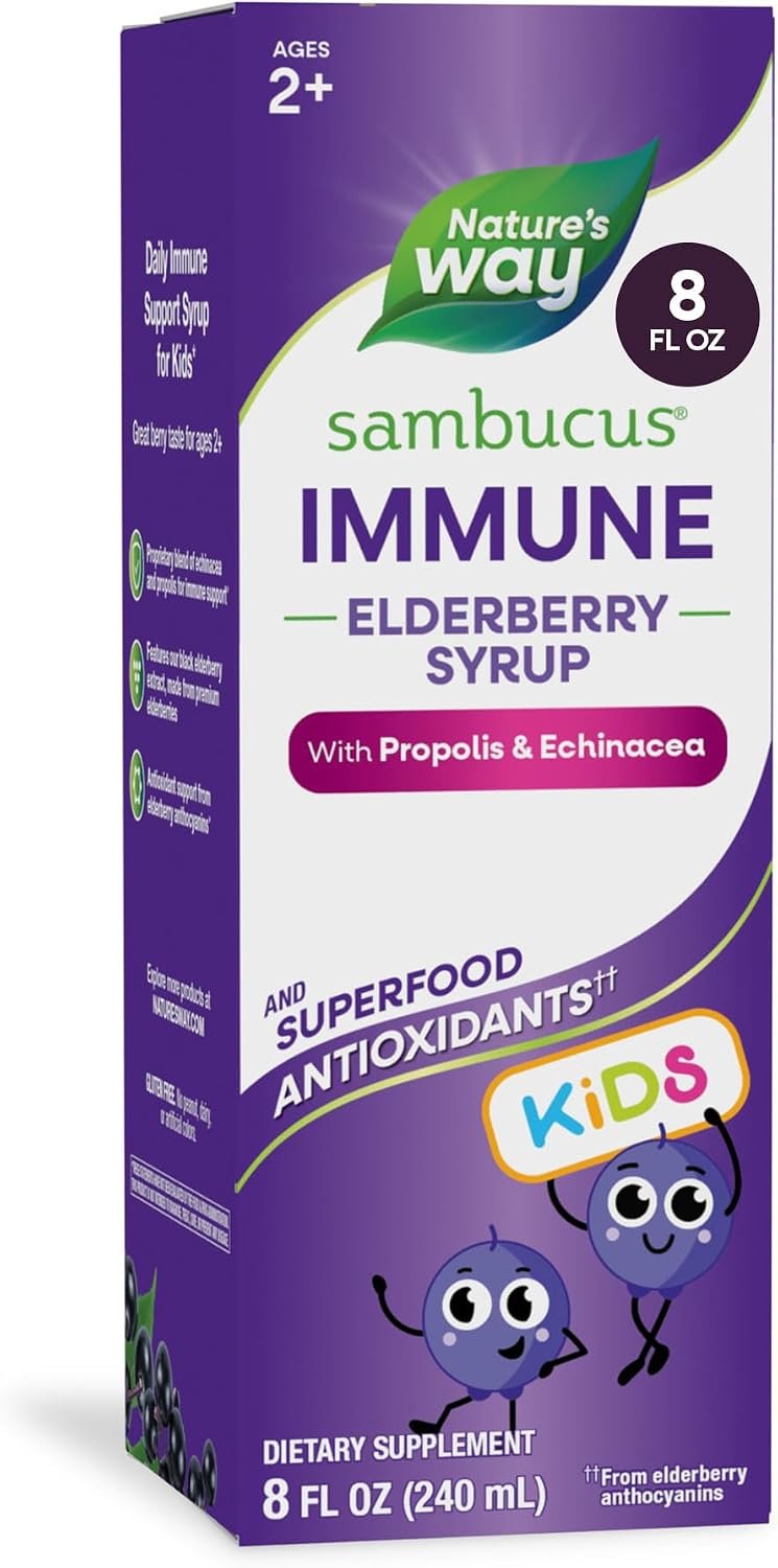 Nature’s Way Sambucus Kids Immune Elderberry Syrup, Black Elderberry Extract with Echinacea & Propolis, Traditional Immune Support for Children with Superfood Antioxidants(1), Berry Flavored, 8 Fl Oz