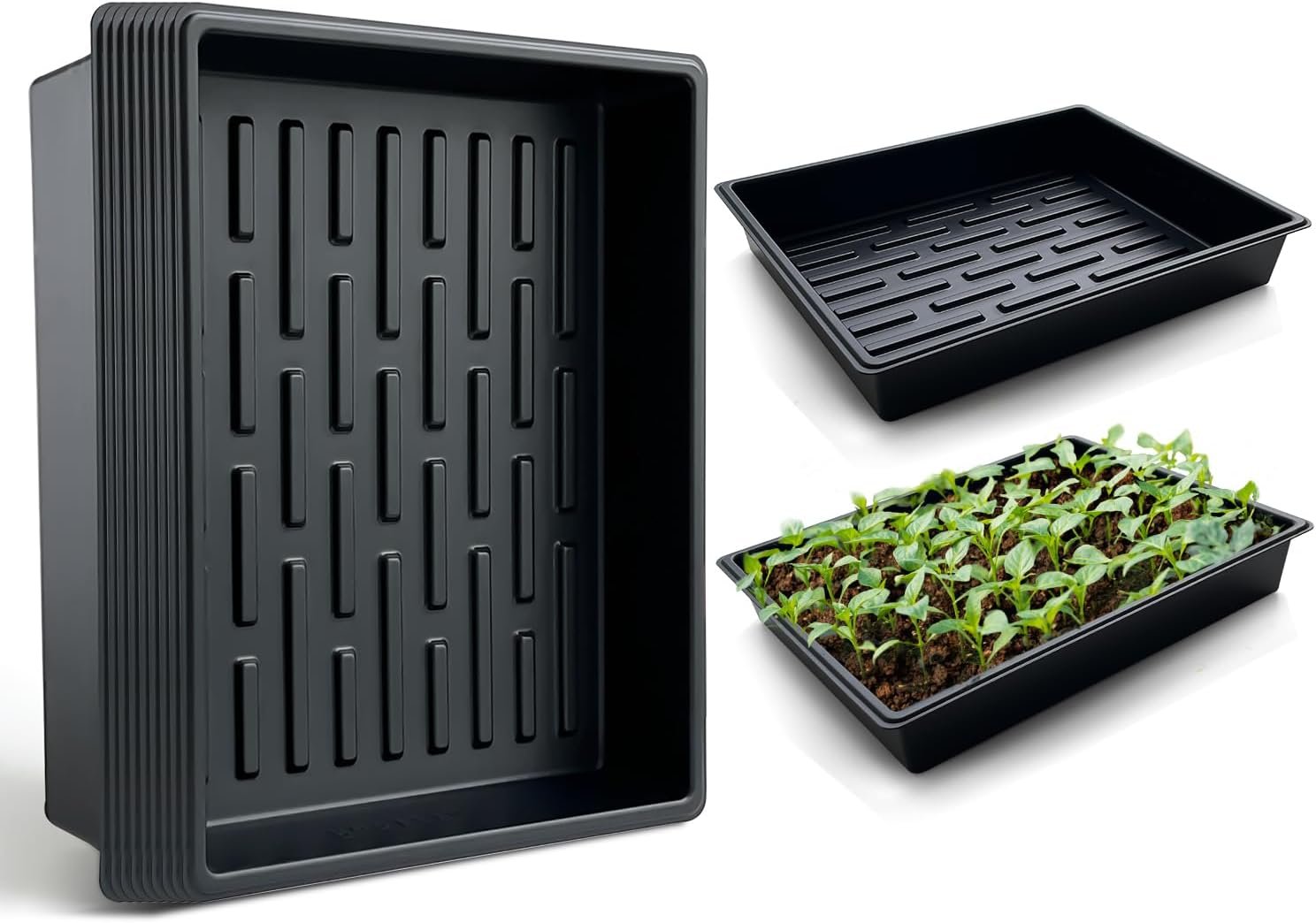 RooTrimmer Seed Starter Tray, 10 Packs Plant Tray, Durable Plastic Growing Trays, Stackable Seedling Starter Trays Perfect for Indoor, Outdoor, Greenhouses, 16.5″ L x 13.2″ W x 2.8″ H – Black