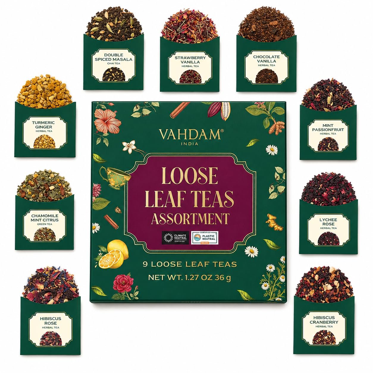 VAHDAM Top 9 Exotic Loose Leaf Tea Sampler (18+ Cups) Floral & Fruity Blend Delicious Taste | Refreshing either Hot or Iced | Perfect for Gifting – Tea Gift Set for All Occasions
