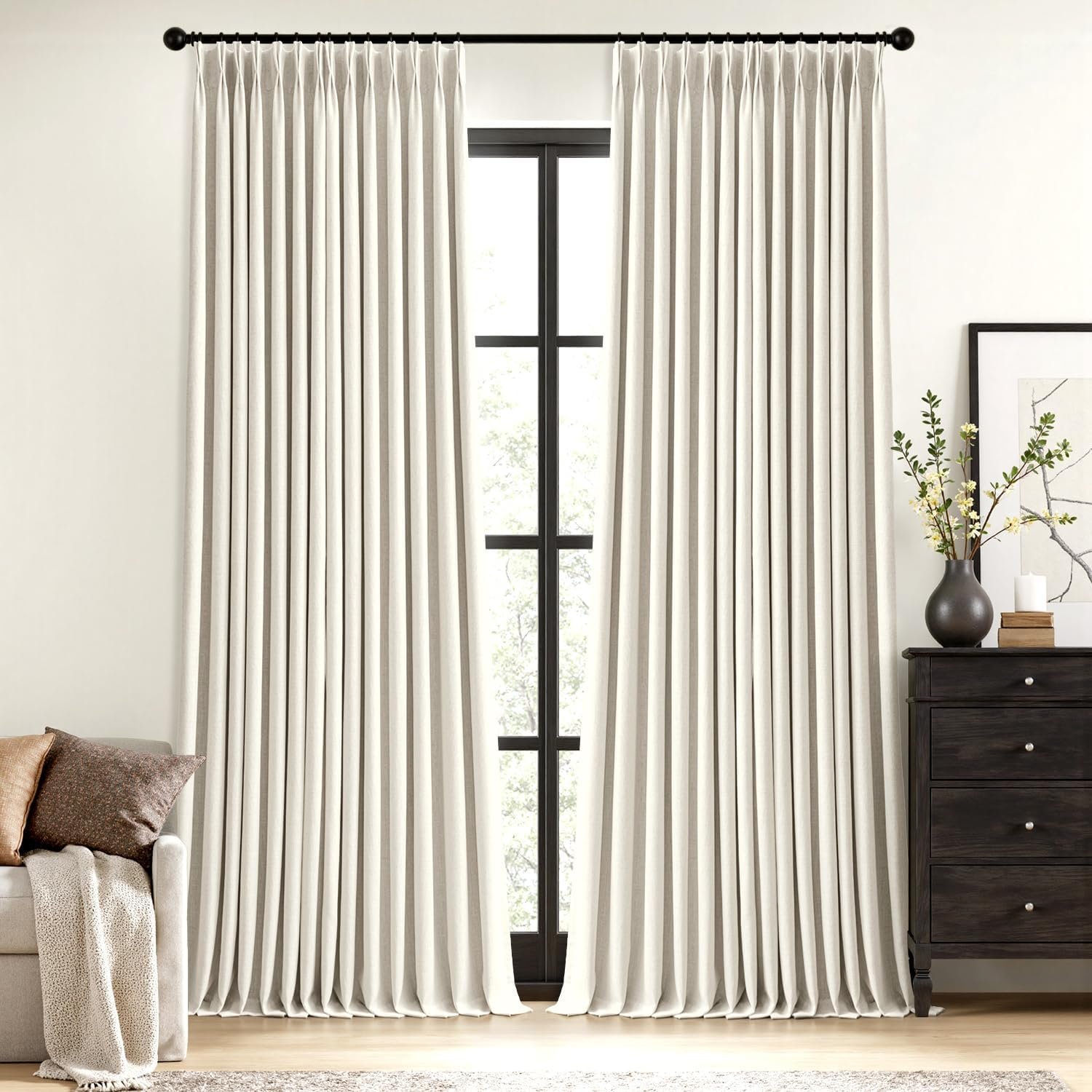 MIULEE Natural Pinch Pleated 100% Blackout Linen Curtains 40×90 Inches