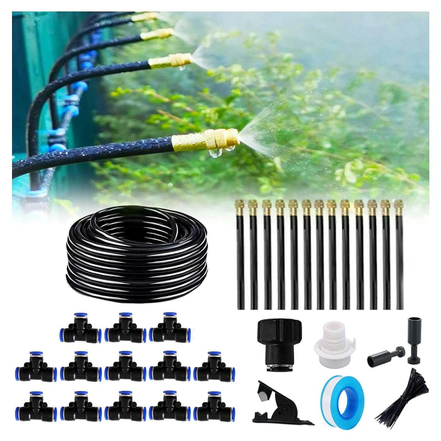 New drip Irrigation kit, Automatic Garden Watering System, Quick Connector and 360-degree Bending Dropper atomizing Copper Nozzle, Garden Plant Lawn Courtyard Watering System. (50FT)