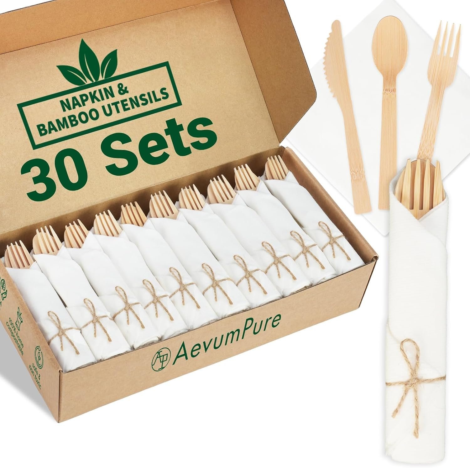 Pre Rolled Napkin and Bamboo Cutlery Set-30 Sets (120 PCS) Premium Disposable Wrapped Bamboo Utensils(30Compostable Cloth-Like Napkins,30Forks,30Spoons,30Knives) For Birthday/Party/BBQ/Event/Weeding
