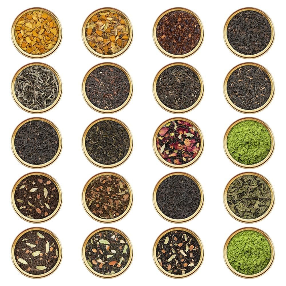 VAHDAM World Top 20 Favourites Tea Sampler Set | Loose Leaf Tea (100+ Cups) | Tea Variety Pack with Green, Herbal, Black & Chai Brew | Vacuum Sealed For Freshness | Brew Hot & Cold