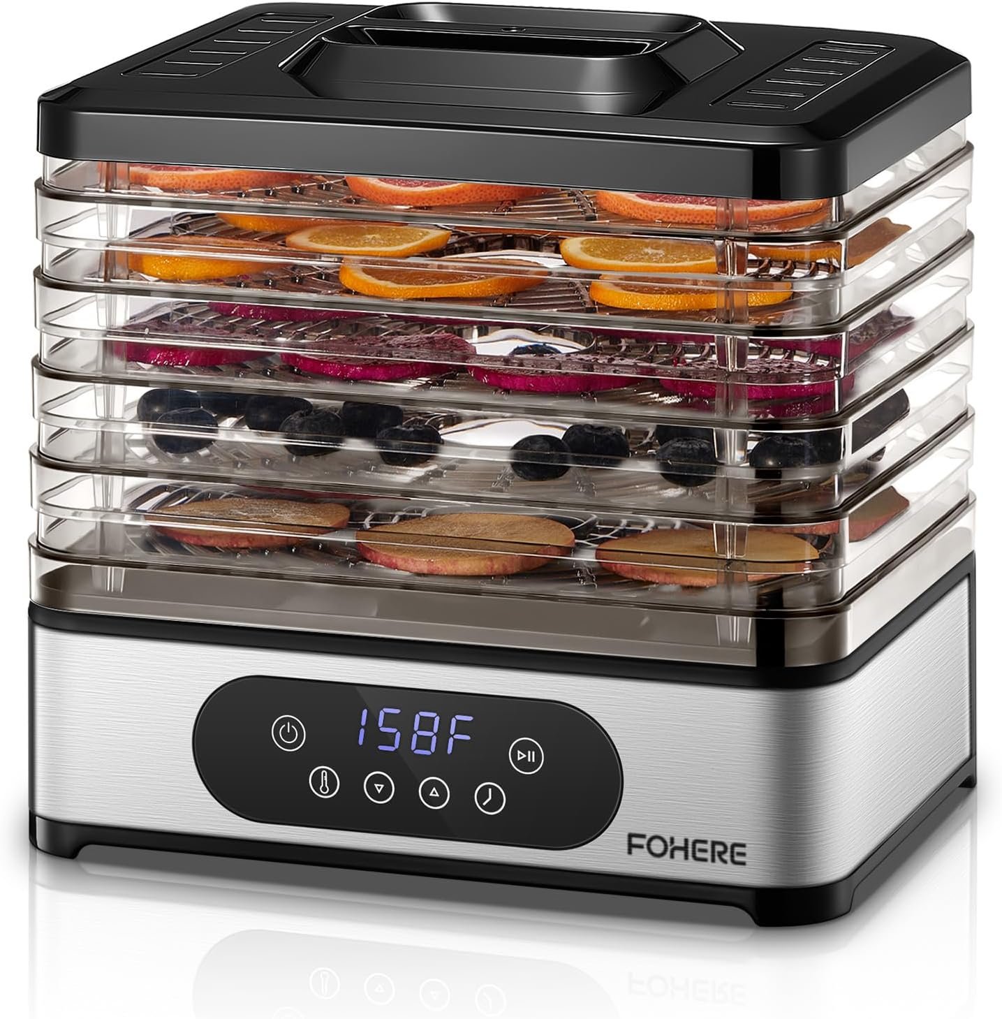 FOHERE Food Dehydrator, 5 BPA-Free Tray Dehydrators, 11.42″ Stackable Trays