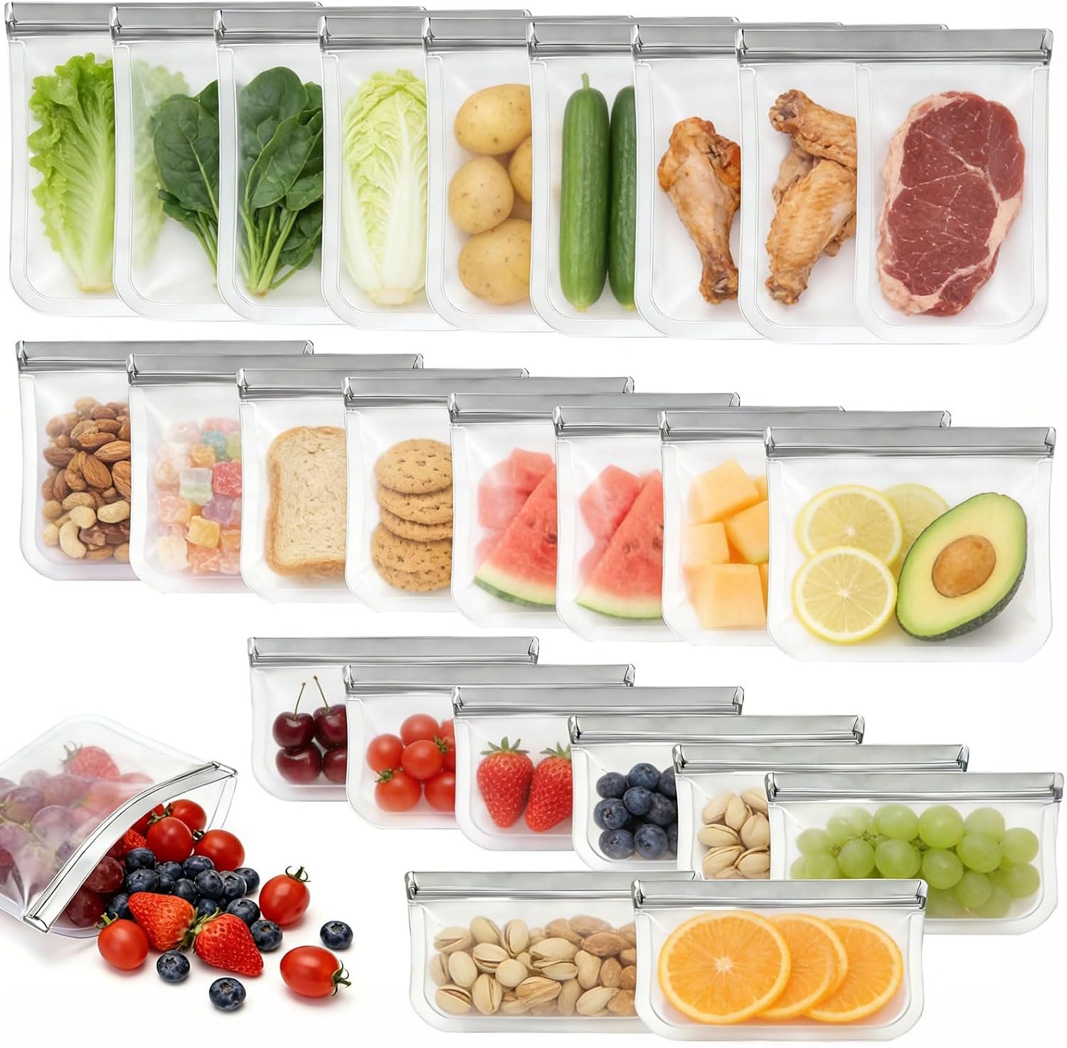24 Pack Silicone Bags for Food Storage,Reusable Silicone Food Storage Bags,Freezer& Dishwasher Safe,Reusable Freezer Food Bags,Silicone Baggies, Leakproof-8 Gallon 8 Snack 8 Sandwich Bags,Grey