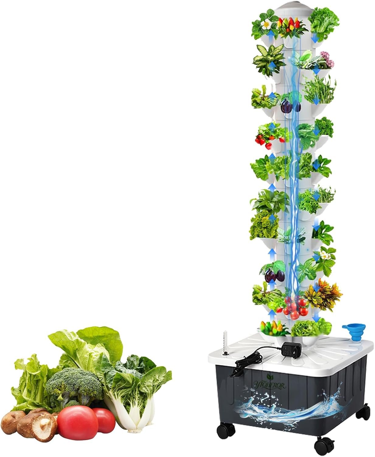 Hydroponics Tower Indoor Growing System Vertical Garden Planter Indoor Smart Garden Kit with Pump and Movable Water Tank Vegetable Plant Gift for Gardening Lover (Gray-50plants)