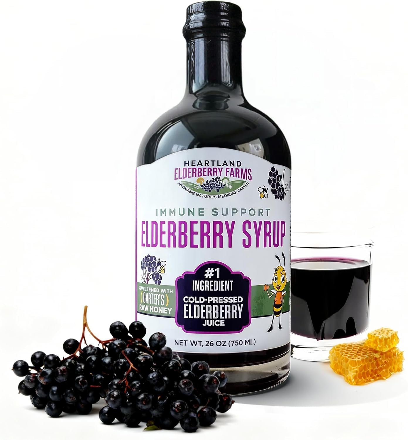 Heartland Organic Elderberry Syrup – Cold Pressed Elderberry Juice, Zero Water Added – Immune Support for Kids & Adults – Made with Raw Honey, Ginger, Cinnamon & Star Anise – 26 fl oz (750 ml)