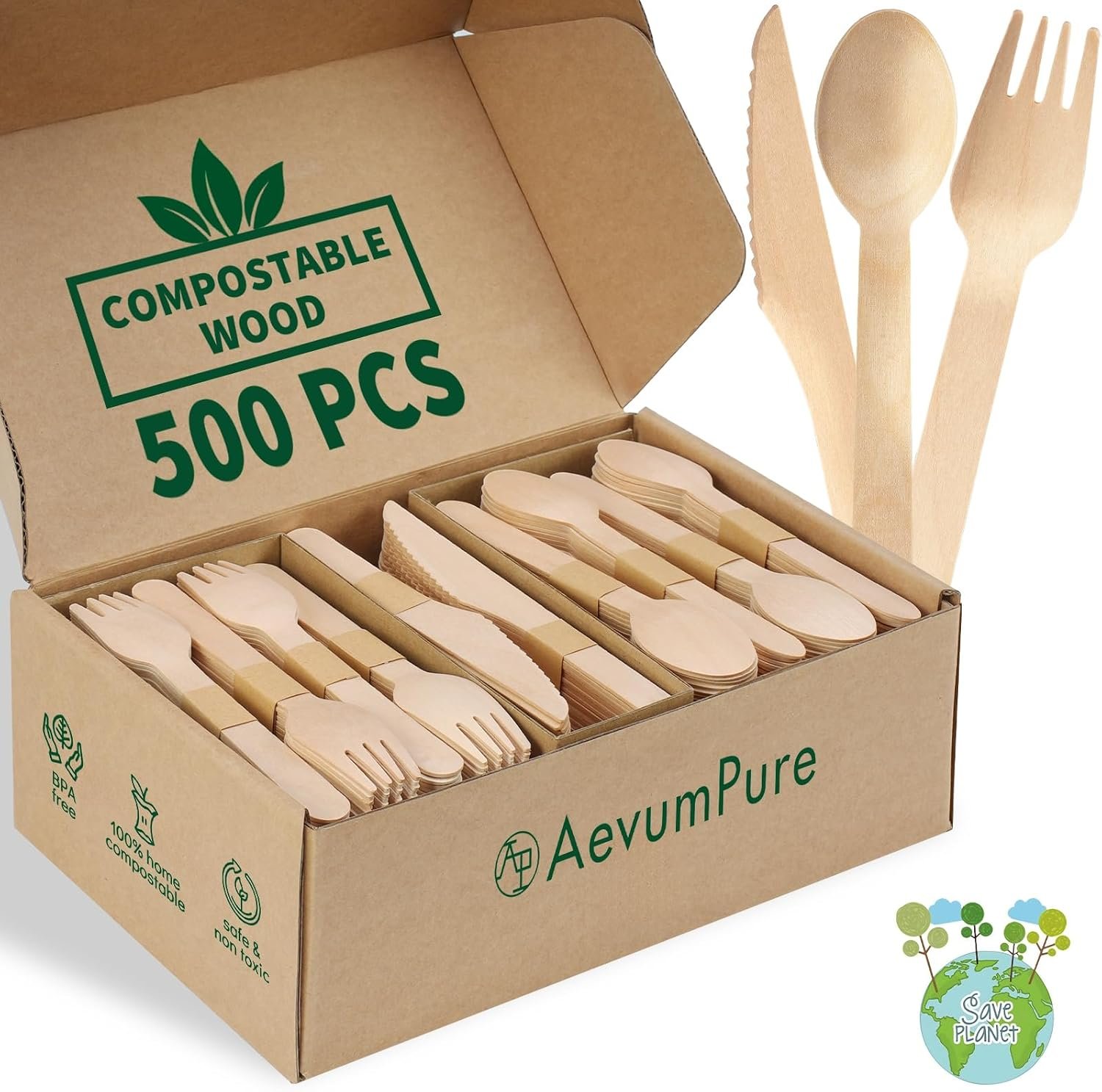 Compostable Wooden Utensils Set – 500 Pieces Disposable Wood Cutlery (200 Spoons, 200 Forks,100 Knives)-Bamboo Utensils And Plastic Silverware Alternative, Heavy Duty Utensils For Party