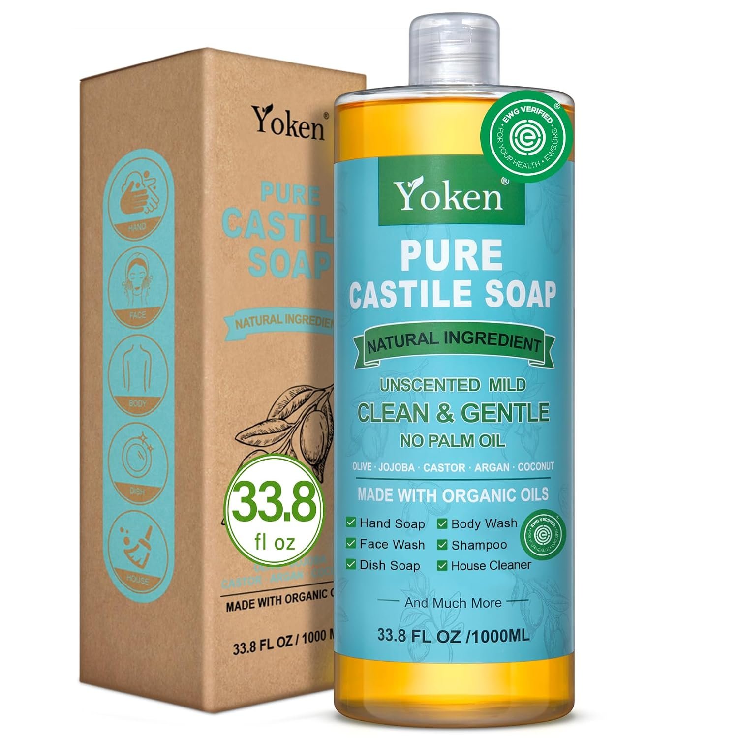 Yoken Pure Castile Liquid Soap 33.8 Oz Unscent add Organic Oil EWG Verified