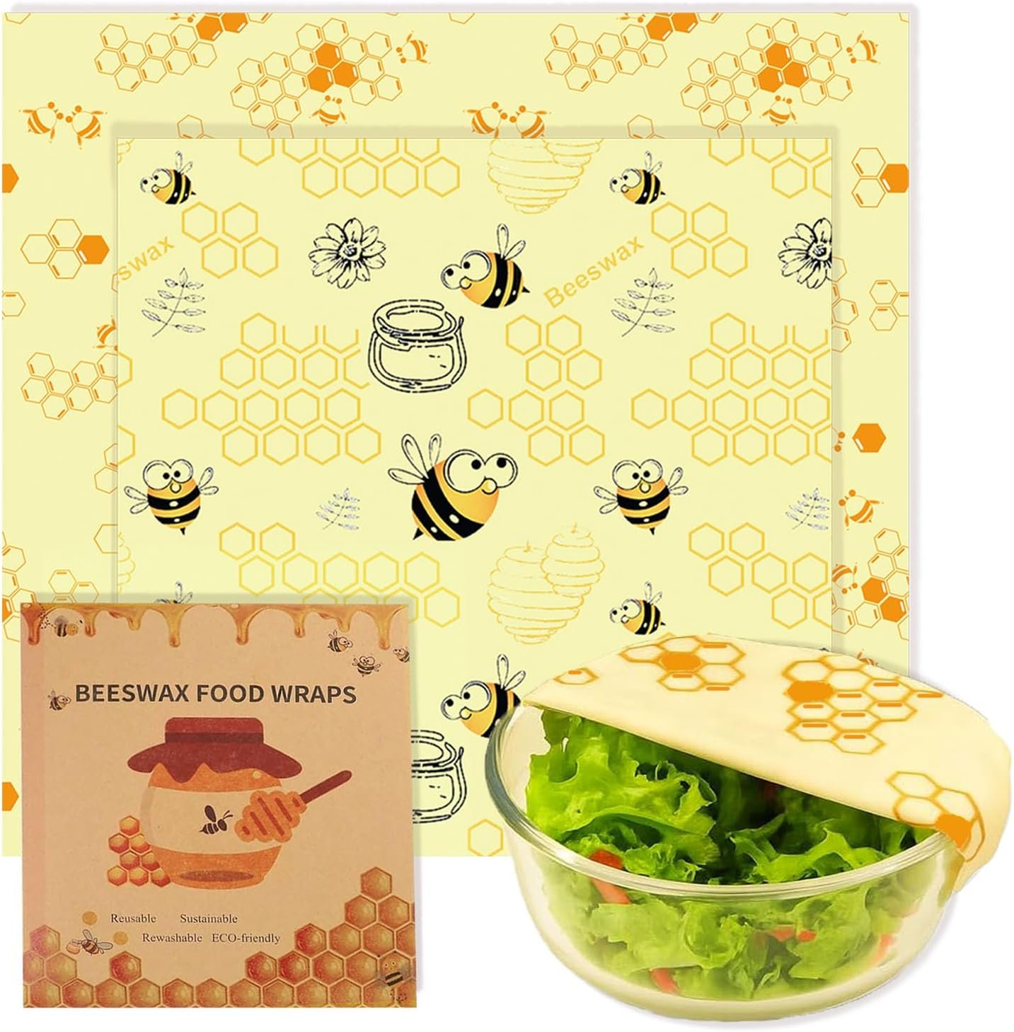 2 PCS Reusable Beeswax Wraps 14 x 13 Inch & 11 x 10 Inch Beeswax Sandwich Wraps for Food Eco-Friendly Sustainable Food Storage Wraps