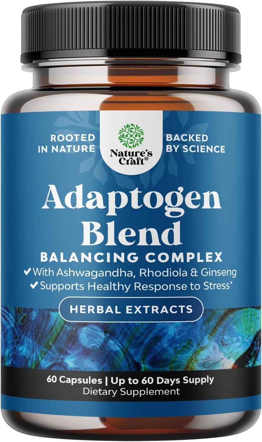 Adaptogens Supplements Blend Capsules w Ashwagandha & Rhodiola – 60 ct