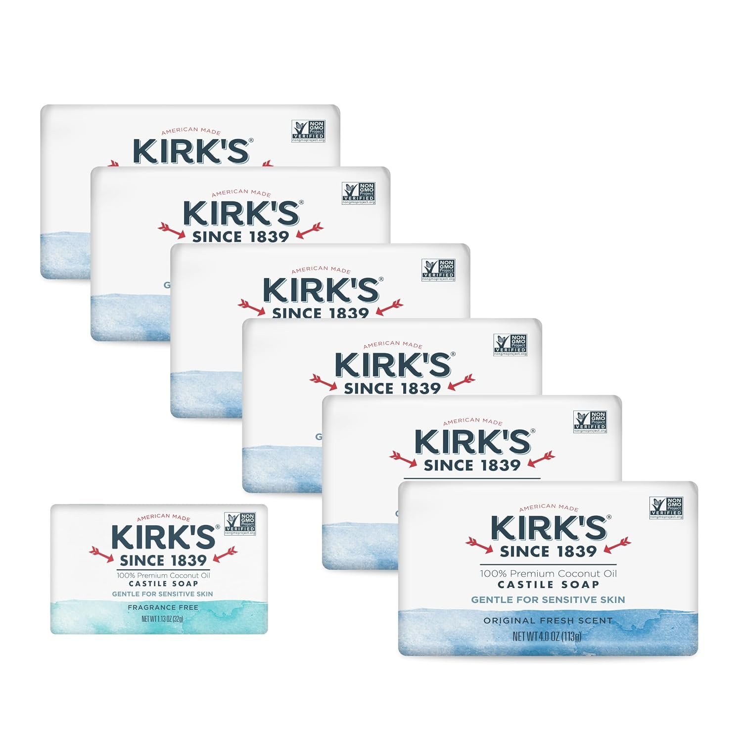 Kirk’s Castile Bar Soap, Original Fresh Scent – Clinically Tested, Safe for Sensitive Skin with Coconut Oil, Vegan and Non-GMO – 4 oz Bars, 6 Pack and Fragrance Free Travel Bar