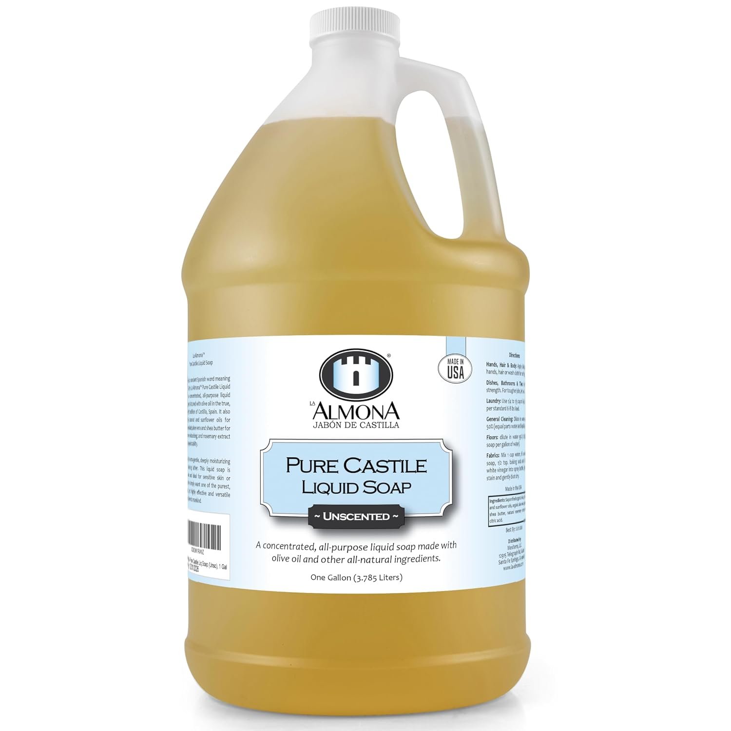 La Almona – Pure Castile Liquid Soap, UNSCENTED, 1 Gallon – Multipurpose: Hands, Face, Body, Laundry, Dishes & More – For Sensitive Skin, All-Natural Ingredients, Fragrance Free