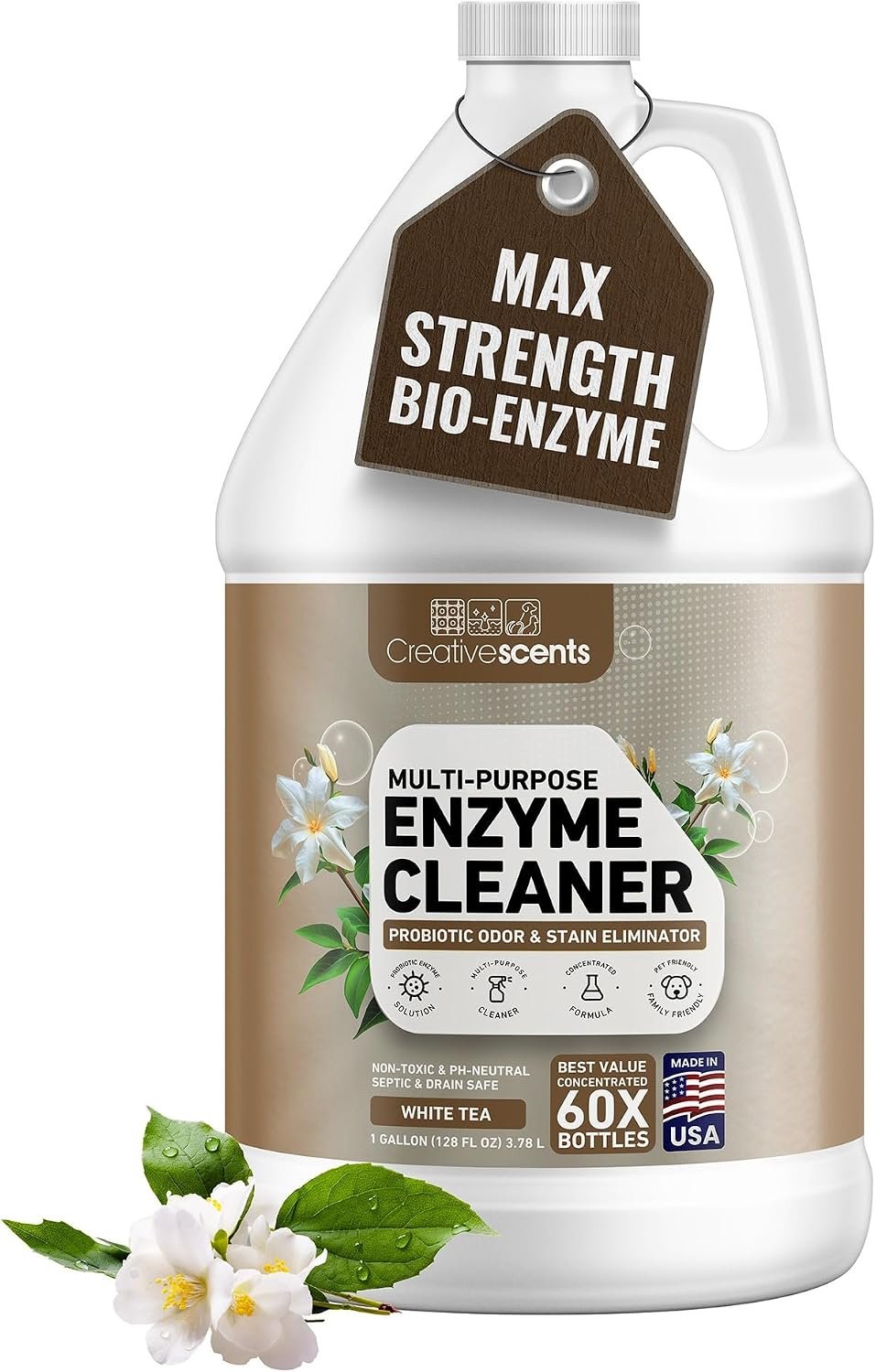 Creative Scents Multipurpose Enzyme Cleaner & Odor Remover | Super Concentrated for Floor, Carpet, Drain | Pet Urine Odor Eliminator | Enzyme Cleaner for Cat Urine & Dog Poop | 1 Gallon – White Tea