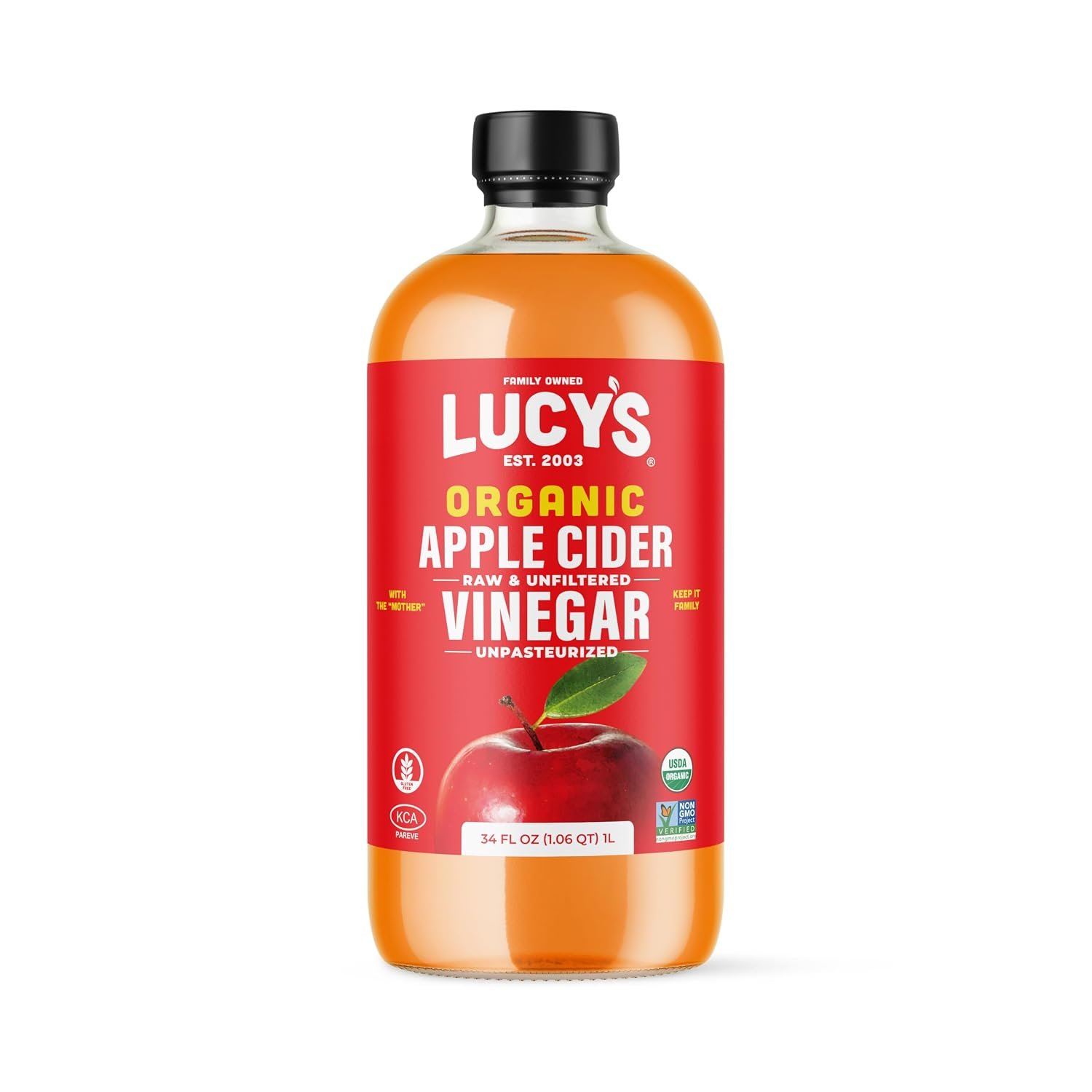 Lucy’s Family Owned – USDA Organic NonGMO Raw Apple Cider Vinegar, Unfiltered, Unpasteurized, With the Mother, 34oz GLASS Bottle