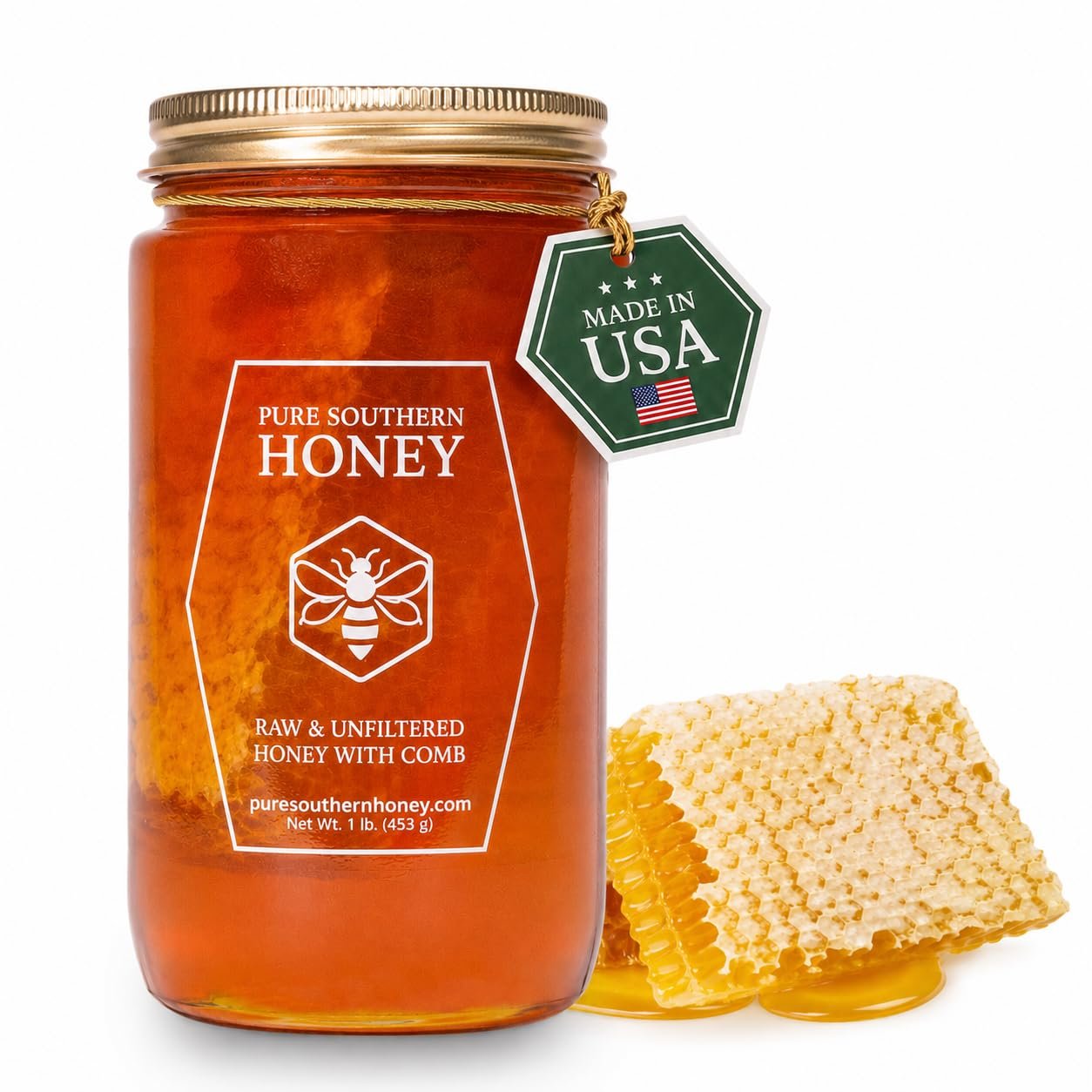 100% Raw Unfiltered Honey With Honeycomb by Pure Southern Honey [1lb] – Authentic, USA – Made Gallberry – Pure Unheated – Non – GMO, Unsweetened, Sugar – Free, Real American Honey With Comb