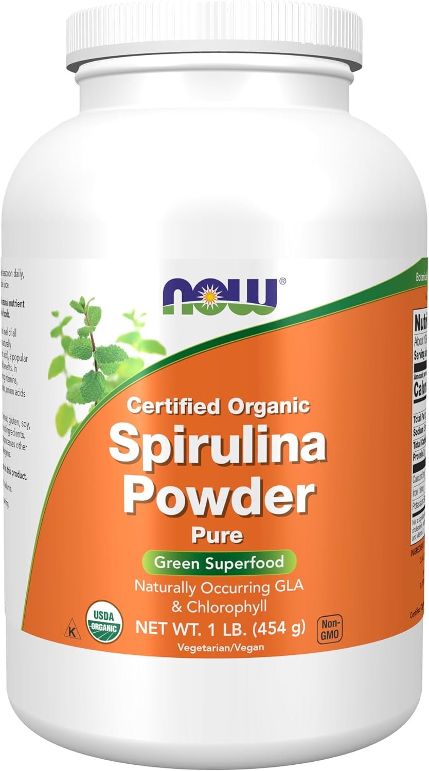 NOW Foods Supplements, Certified Organic, Spirulina Powder, Rich in Beta-Carotene (Vitamin A) and B-12 with naturally occurring GLA & Chlorophyll, 1-Pound