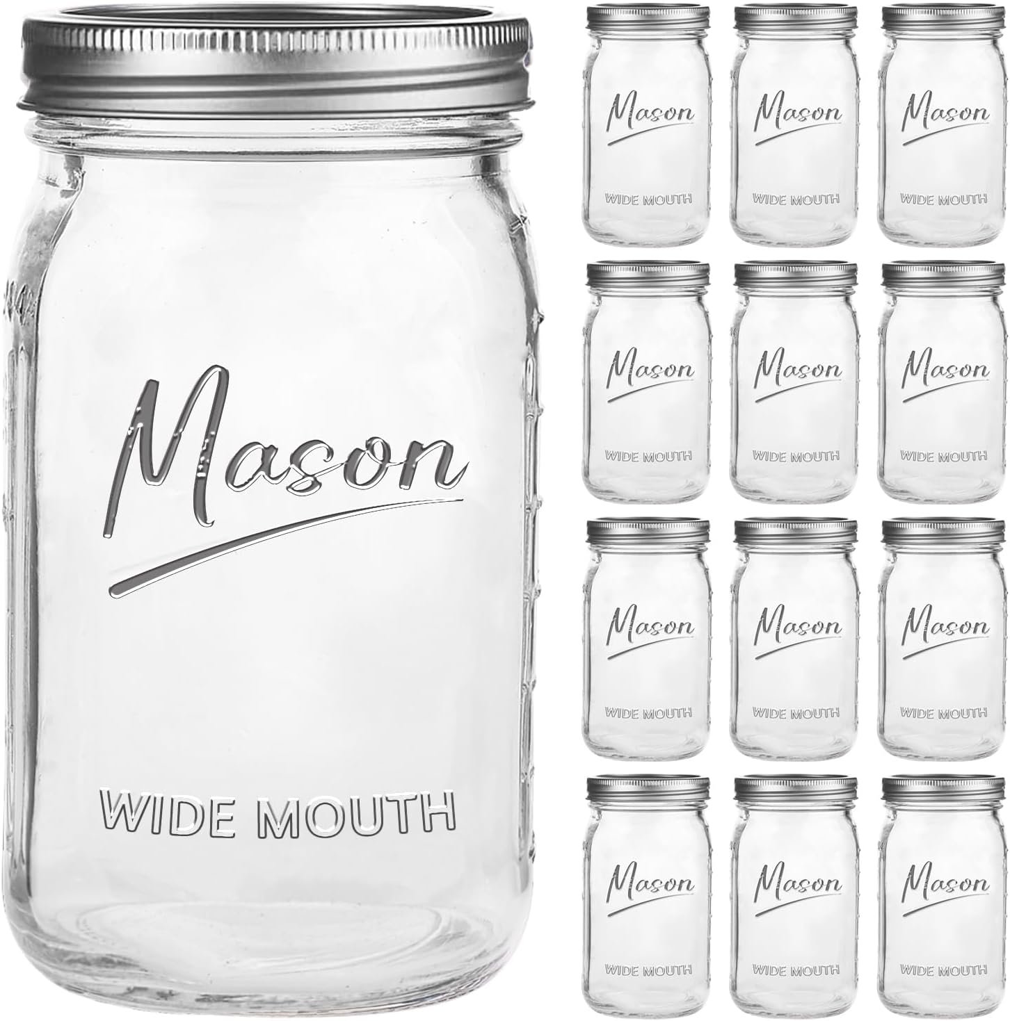 Mason Jars 32 oz,12 Pack Quart Wide Mouth Mason Jar With Airtight Lids,Glass Canning Jars for Fermenting, Pickling,Meal Prep,Overnight Oats & Centerpieces