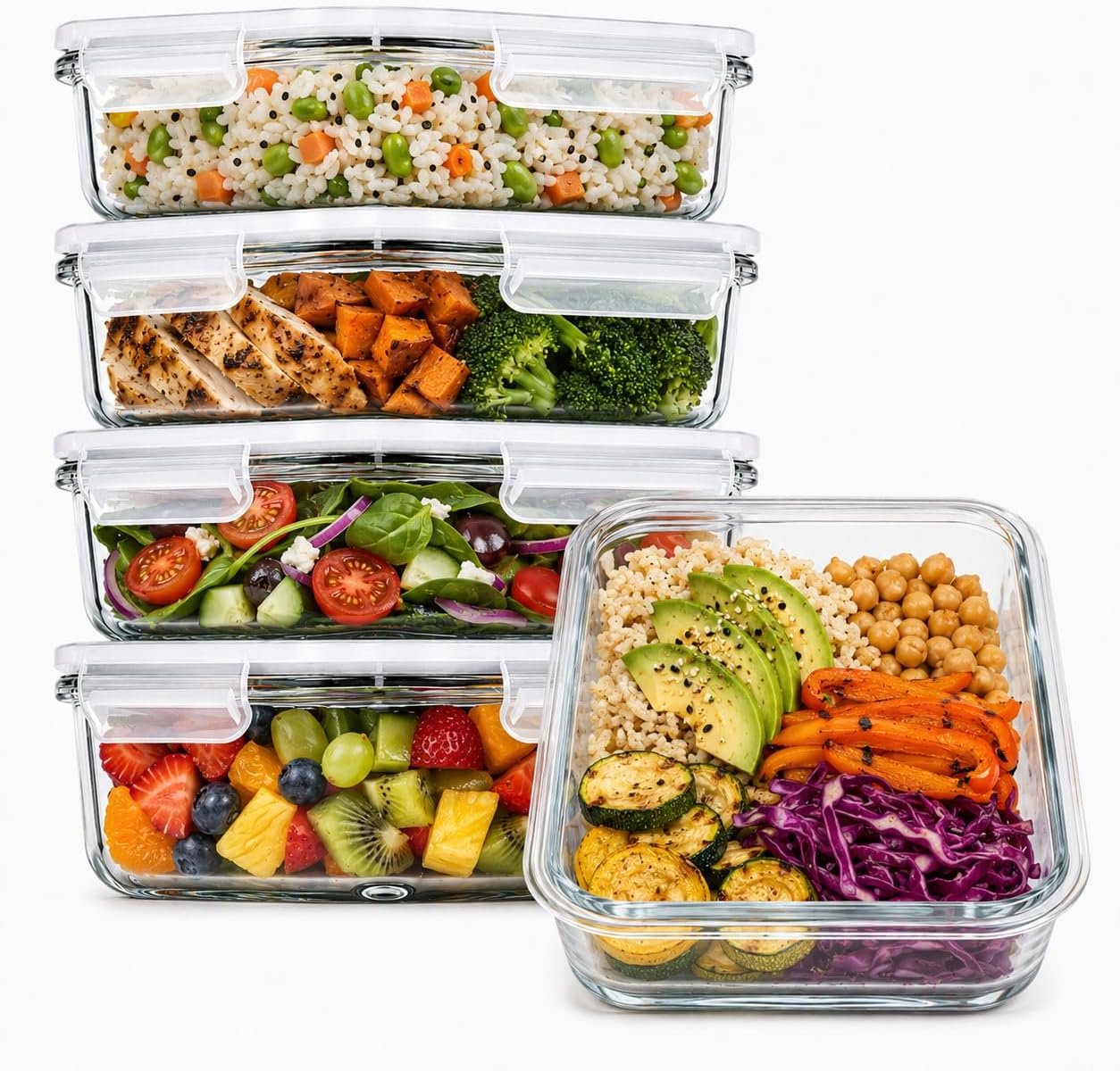Prep Naturals 5 Pack 36oz Glass Meal Prep Containers – 1 Compartment