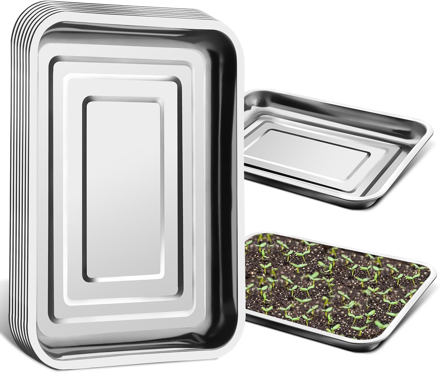 Stainless Metal Trays, Stainless Steel Seed Starter Carry Tray Fit 54 Cell Plug Tray, Nursery Seedling Pots Water Collection Transplantation (11.6 inch×15.2 inch, 1.45″ Height, 10-Pack)