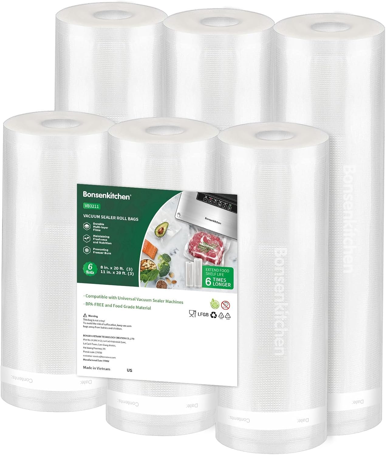 Bonsenkitchen Vacuum Sealer Rolls bags, 3 Rolls 11″x 20’+ 3 Rolls 8″x 20′