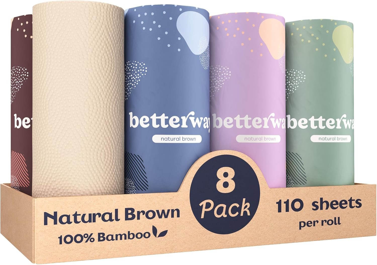 Betterway Bamboo Natural Brown Paper Towels – 8 Rolls, 2 Ply, 110 sheets – Plastic Free, PFAS Free, Disposable Kitchen Paper Towels – Select Size, Tree Free, Compostable, Strong & Absorbent