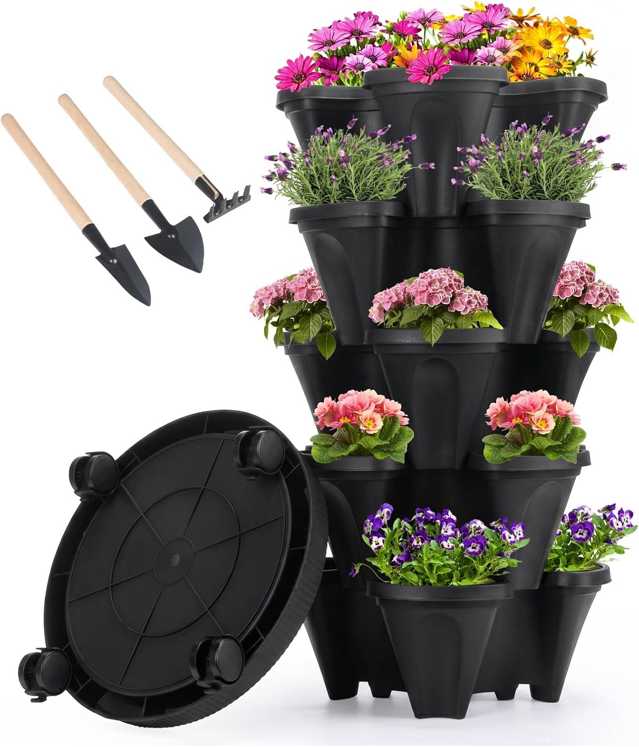 GameXcel Vertical Planter Tower – 5 Tier Stackable Garden Planters with Wheels and Tools Plant Pots for Strawberry Herb Flower and Vegetable Indoor Outdoor Use Black