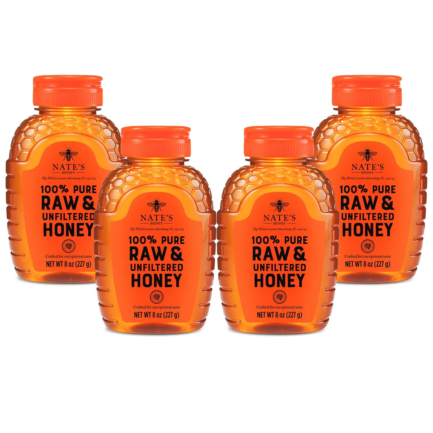 Nate’s 100% Pure, Raw & Unfiltered Honey – 8 oz Squeeze Bottle (4 Pack)